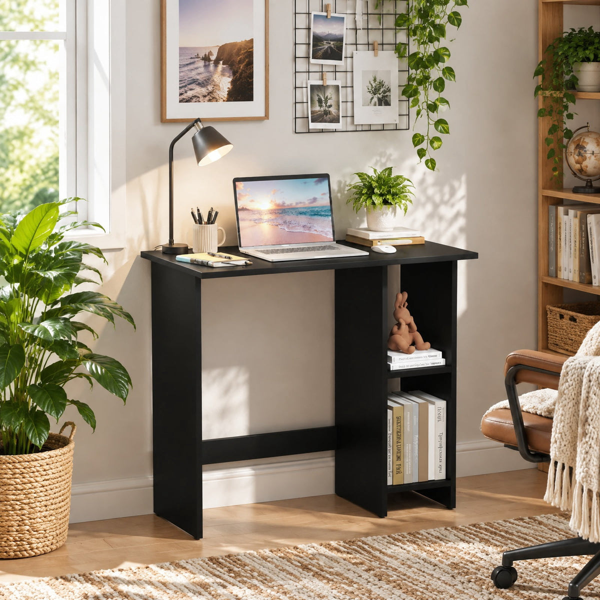Airfind Small Computer Desk with Storage and Adjustable Shelf, Black, Reinforced crossbar ensures reliable structure