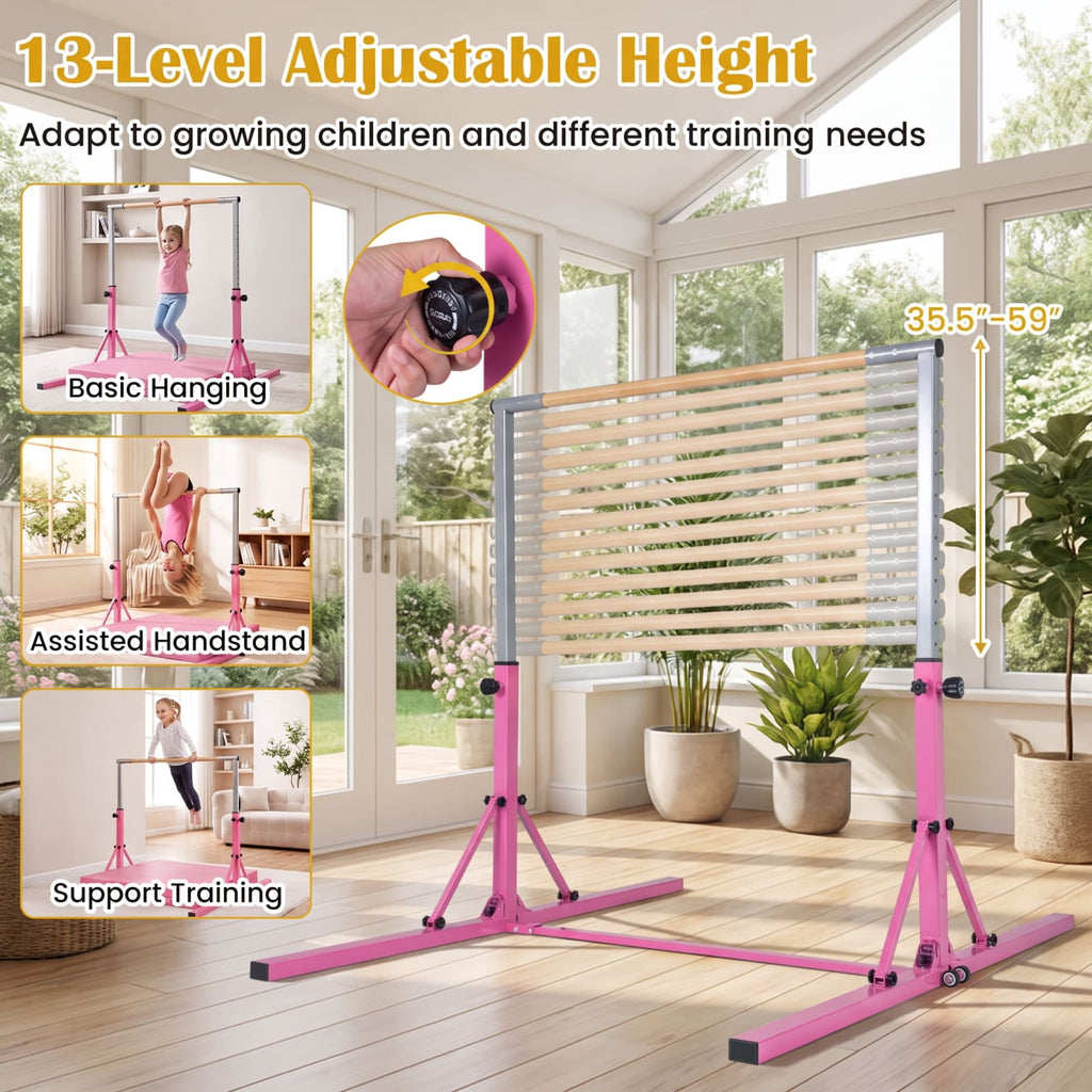 Airfind Foldable Gymnastics Bar for Kids with 3 Level Adjustable Height and Bamboo Grip Bar for Home Balance and Coordination Training, Pink