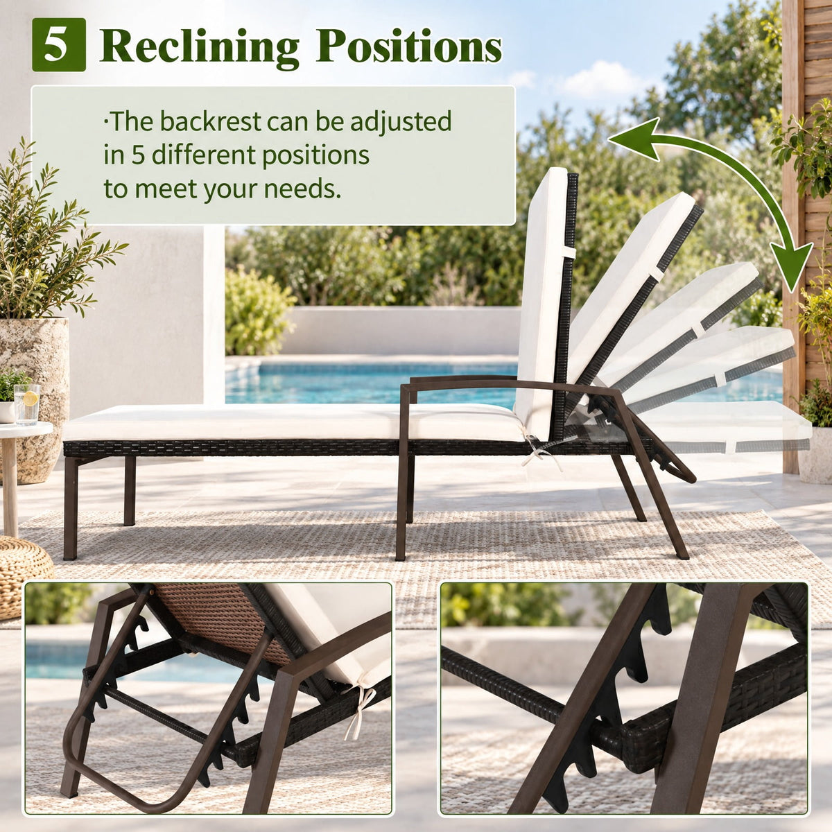 Airfind 2 Pieces Patio Rattan Adjustable Back Lounge Chair with Armrest and Removable Cushions, 400 lbs Capacity, Steel Rattan Frame, White