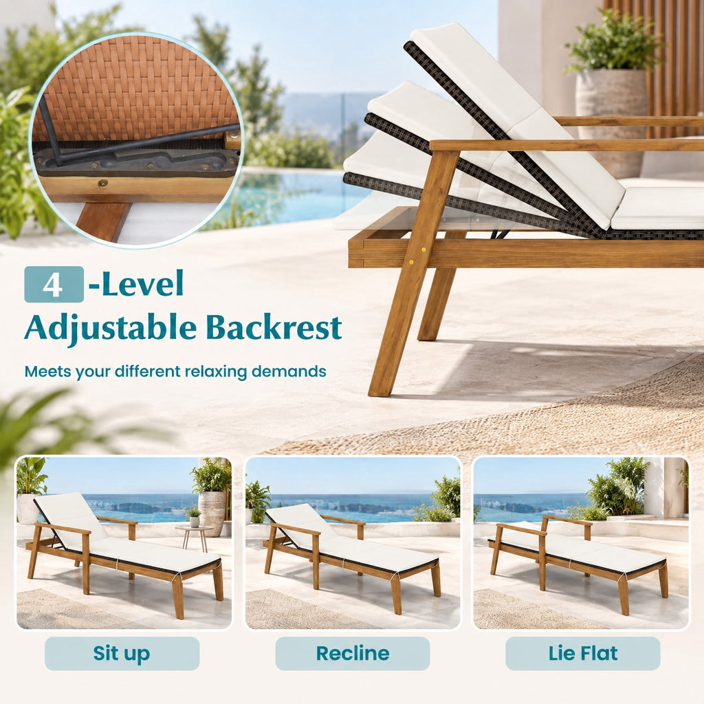 Airfind Outdoor Chaise Lounge Chair Rattan Patio Recliners with Armrests, Solid acacia wood frame for strong support