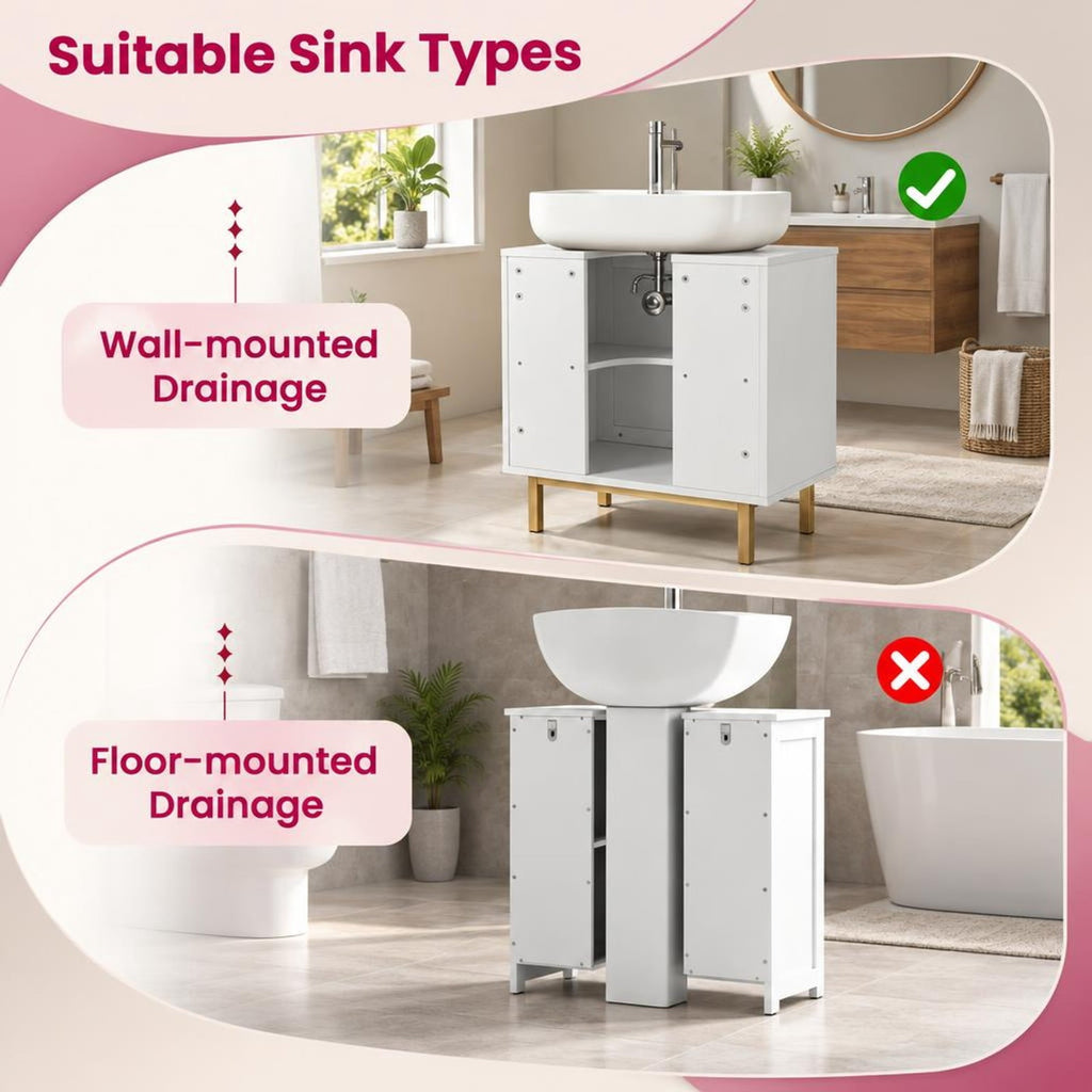Airfind Bathroom Vanity Cabinet with U-Shaped Cut-Out 2 Rattan Doors and Shelf, 66 Lbs Capacity, Engineered Wood Metal Rattan, White