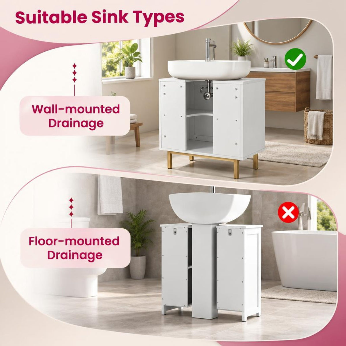 Airfind Bathroom Vanity Cabinet with U-Shaped Cut-Out 2 Rattan Doors and Shelf, 66 Lbs Capacity, Engineered Wood Metal Rattan, White