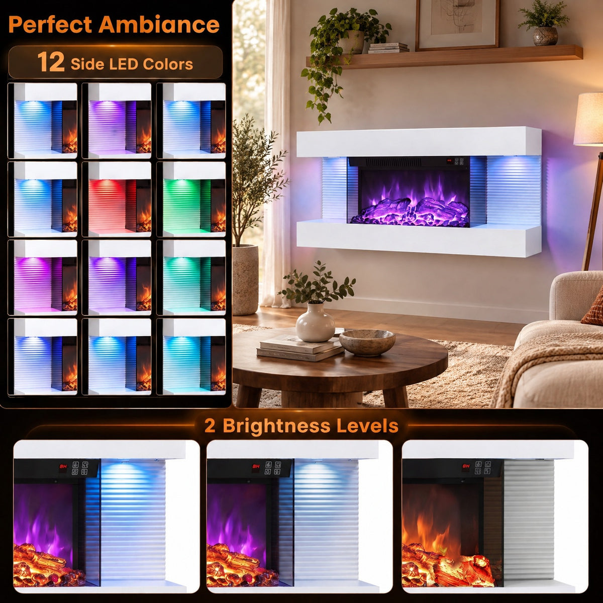 Airfind 3-Sided White Wall Mount Electric WiFi Fireplace with Floating Mantel and 12 Flame Ambient Colors-32 inch, Metal Tempered Glass Frame, White