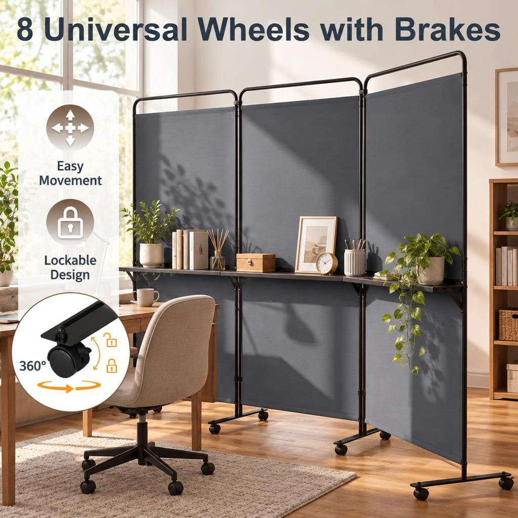 Airfind 3-Panel Room Divider with Shelves 6 FT Tall Folding Privacy Screen with Lockable Wheels, Polyester Fabric Metal Frame, Grey