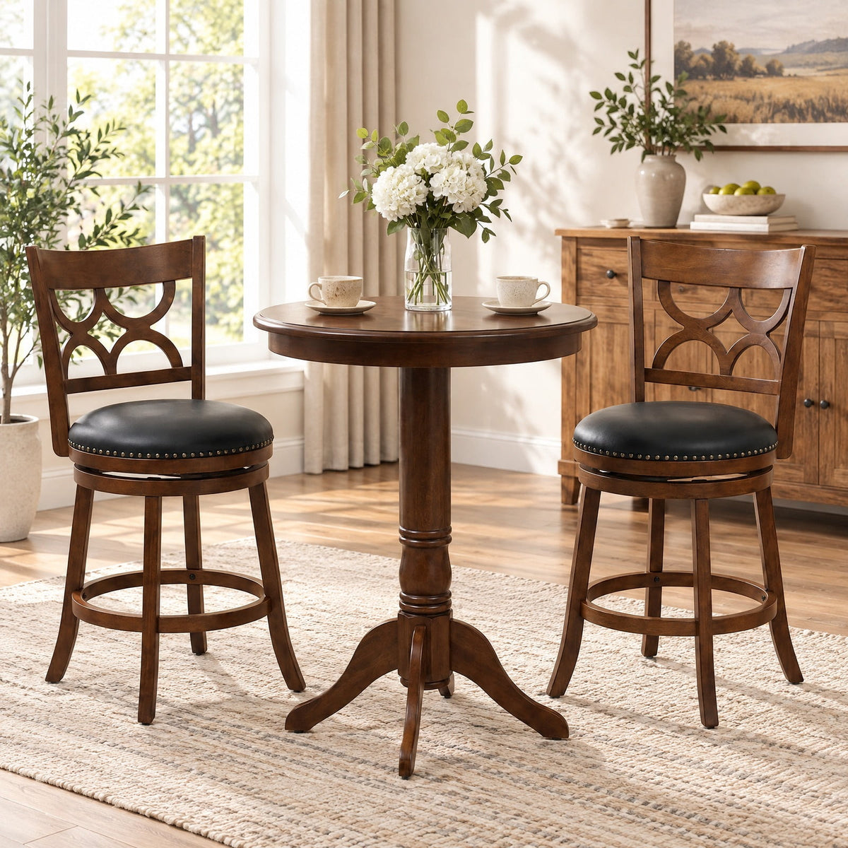 Airfind Swivel Bar Stools Set of 2 with High Backrest and Wood Frame-24 Inches, 330 lbs Capacity, Rubber Wood PVC Leather Sponge Frame, Expresso