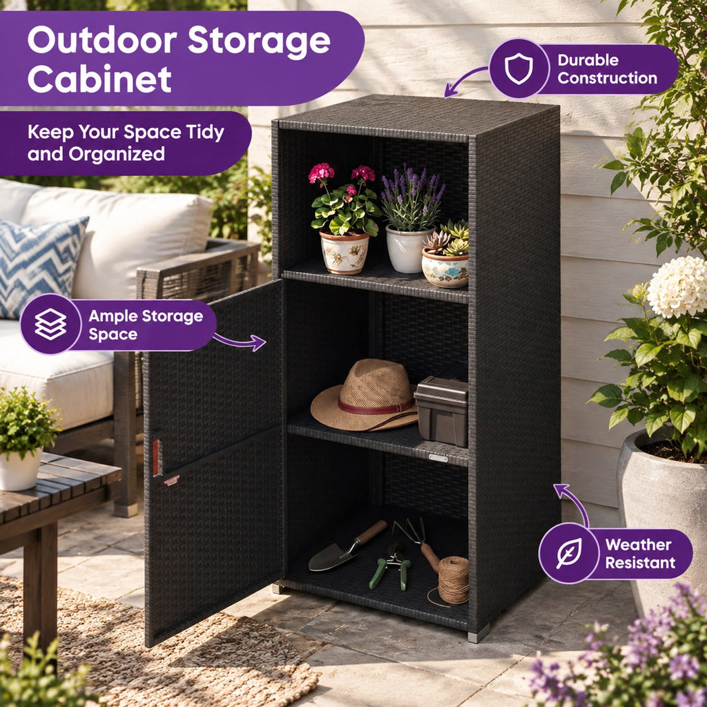 Airfind Outdoor PE Wicker Storage Cabinet with Door and Open Compartment for Patio, Shelf 66 lbs Capacity, PE Rattan Metal Frame, Black