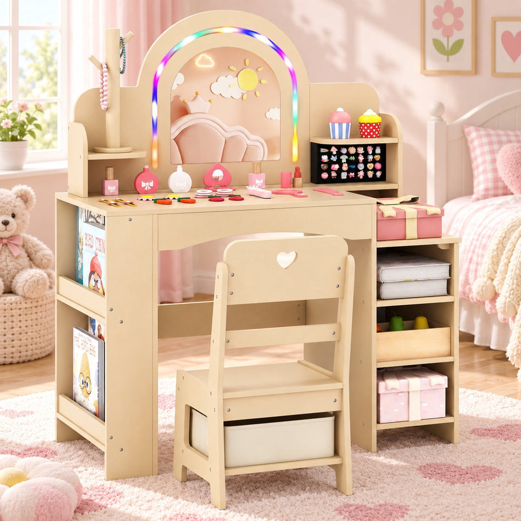 Airfind Kids Vanity Set with Colorful LED Lights Princess Makeup Dressing Table with Chair, 110 lbs Capacity, MDF Frame, 34in x 15.5in x 41in Footprint