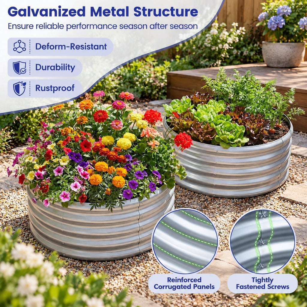 Airfind Round Galvanized Raised Garden Bed with Open-Ended Base, Galvanized Metal S Frame, 24 x 24 x 11.5 Footprint, Sliver