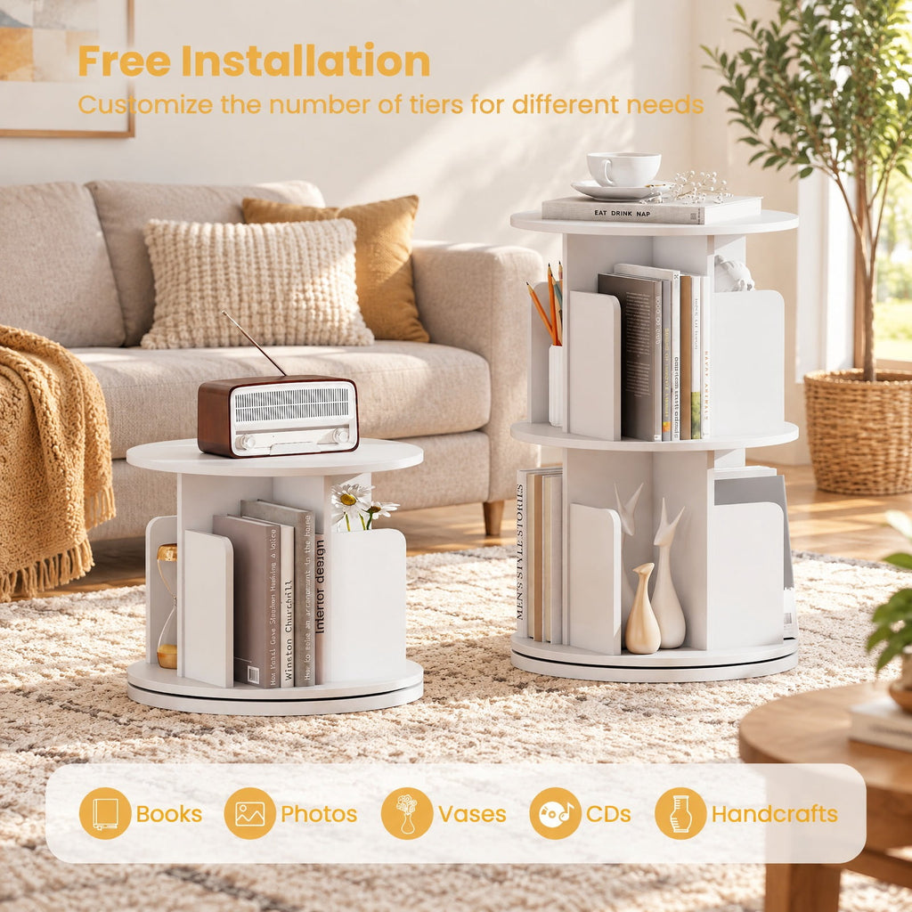 Airfind Bookshelf, 2-Tier Rotating, with Dividers and Anti-falling Baffles, 145 lbs Capacity, Engineered Wood Frame, White
