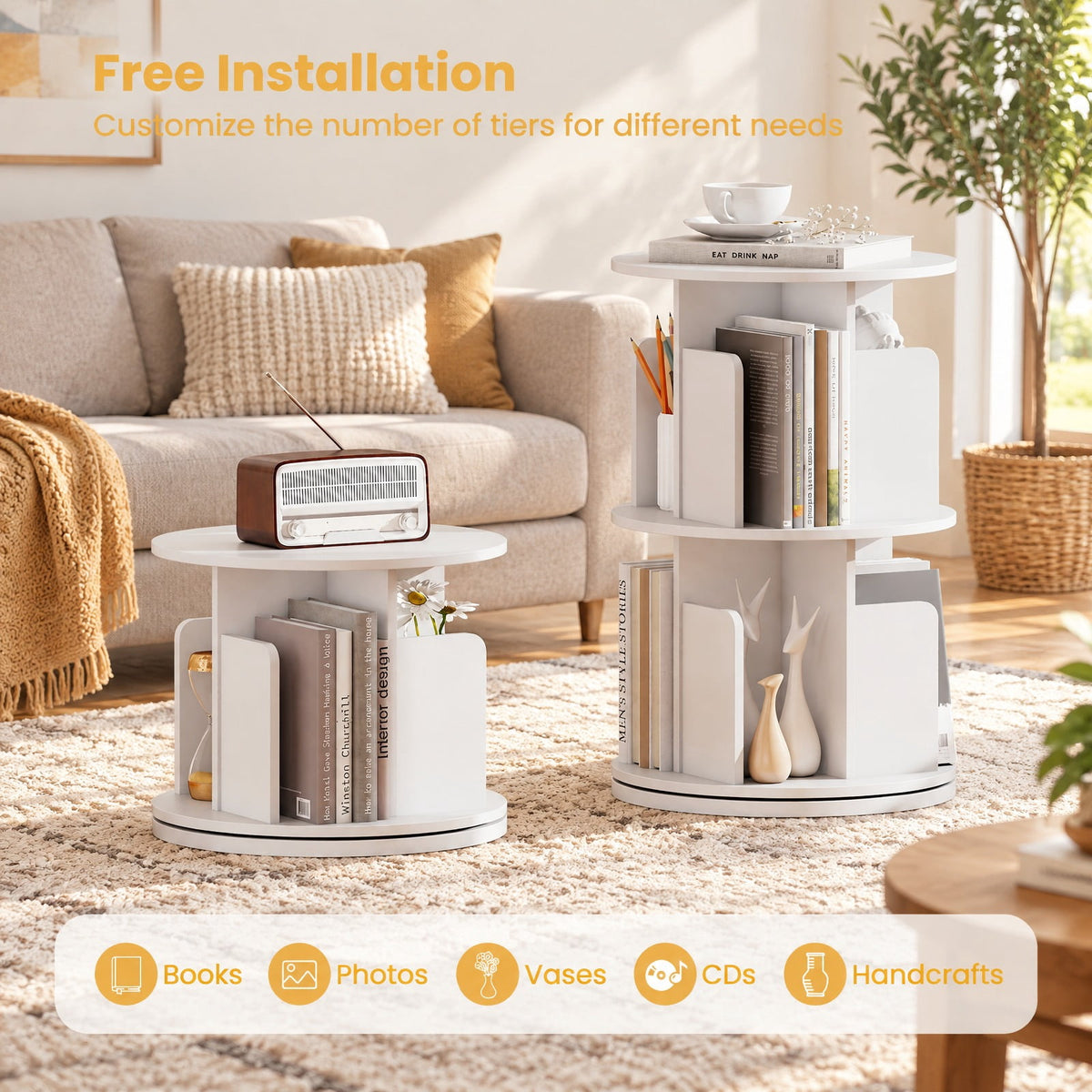 Airfind Bookshelf, 2-Tier Rotating, with Dividers and Anti-falling Baffles, 145 lbs Capacity, Engineered Wood Frame, White