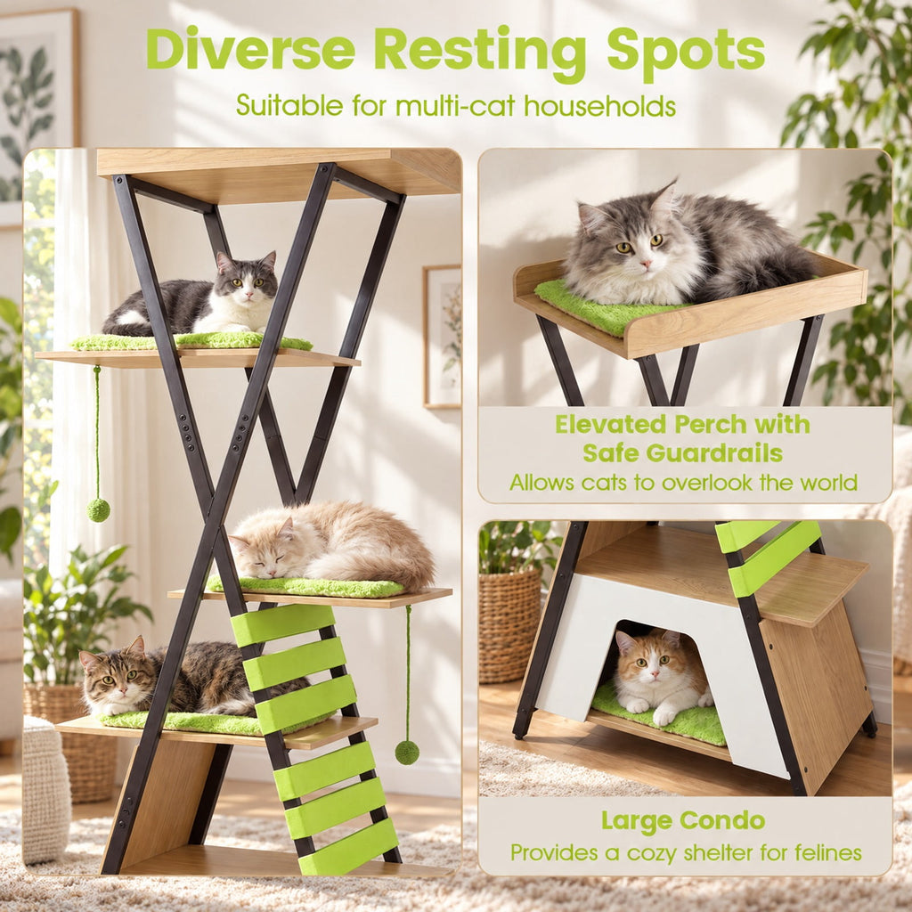 Airfind 73 Inch Multi-level Cat Tree for Indoor Cats with Elevated Perch and Large Condo, 44 lbs Capacity, Engineered Wood Frame, Green
