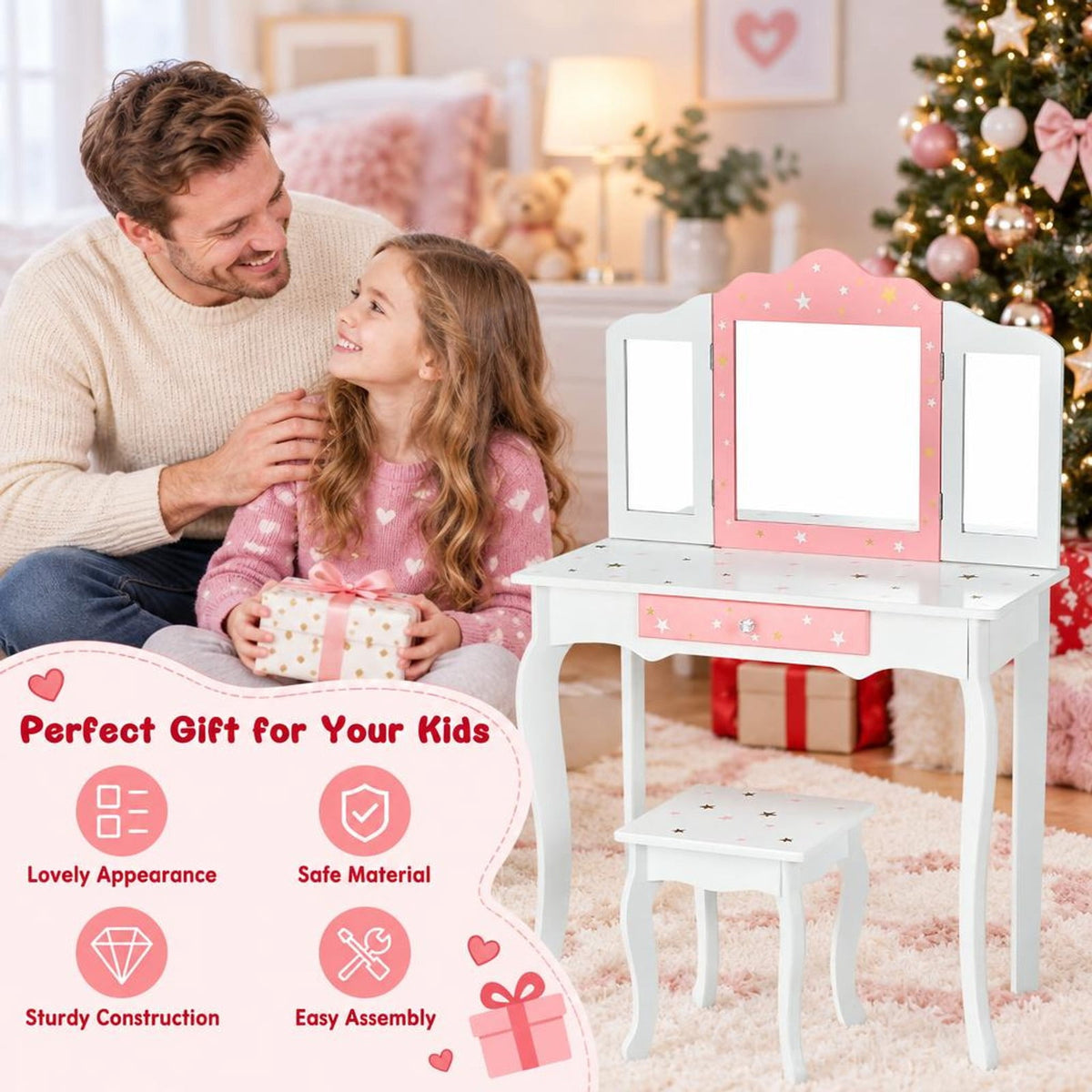 Airfind Kids Princess Vanity Table and Stool Set with Tri-folding Mirror and Drawer, 44 lbs Capacity, MDF Frame, White