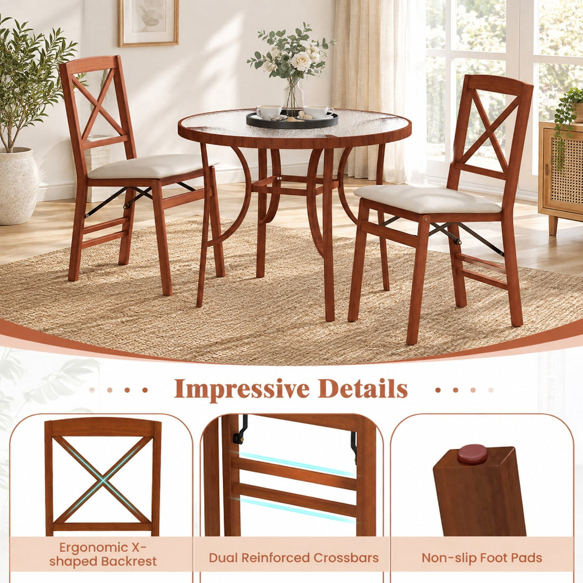 Airfind Folding Dining Chairs Set of 2 with Padded Seat and Rubber Wood Frame, 400 lbs Capacity, Rubber Wood Frame, 22in x 17in x 34.5in Footprint