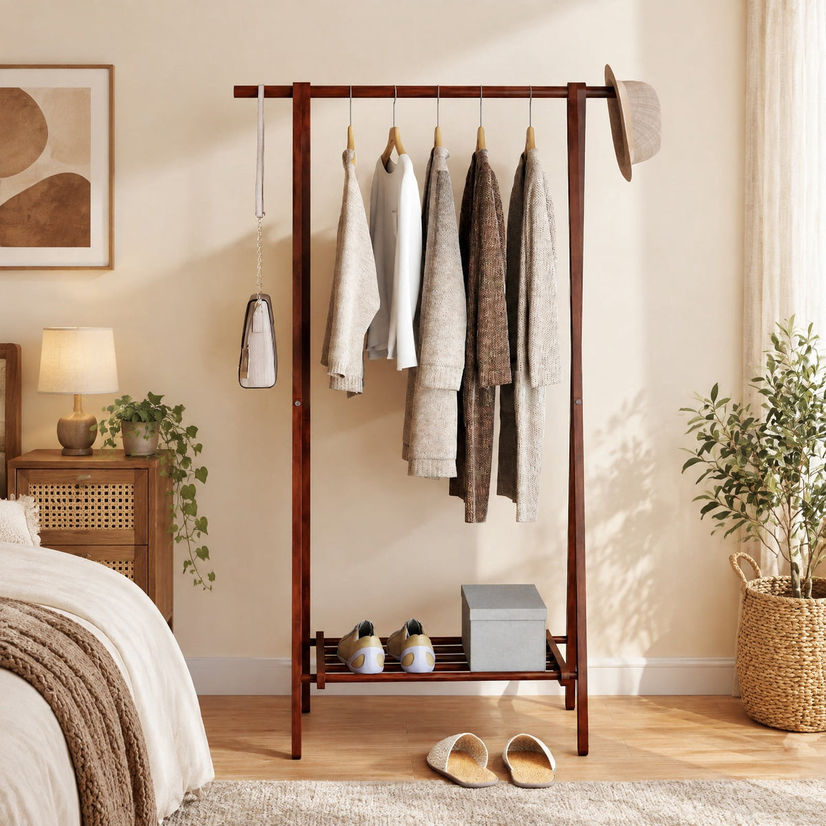 Airfind Folding Rubber Wood Clothes Hanging Rack Standing Garment Rack with Bottom Storage Shelf, 33 lbs Capacity, Rubber Wood Unfolding Frame