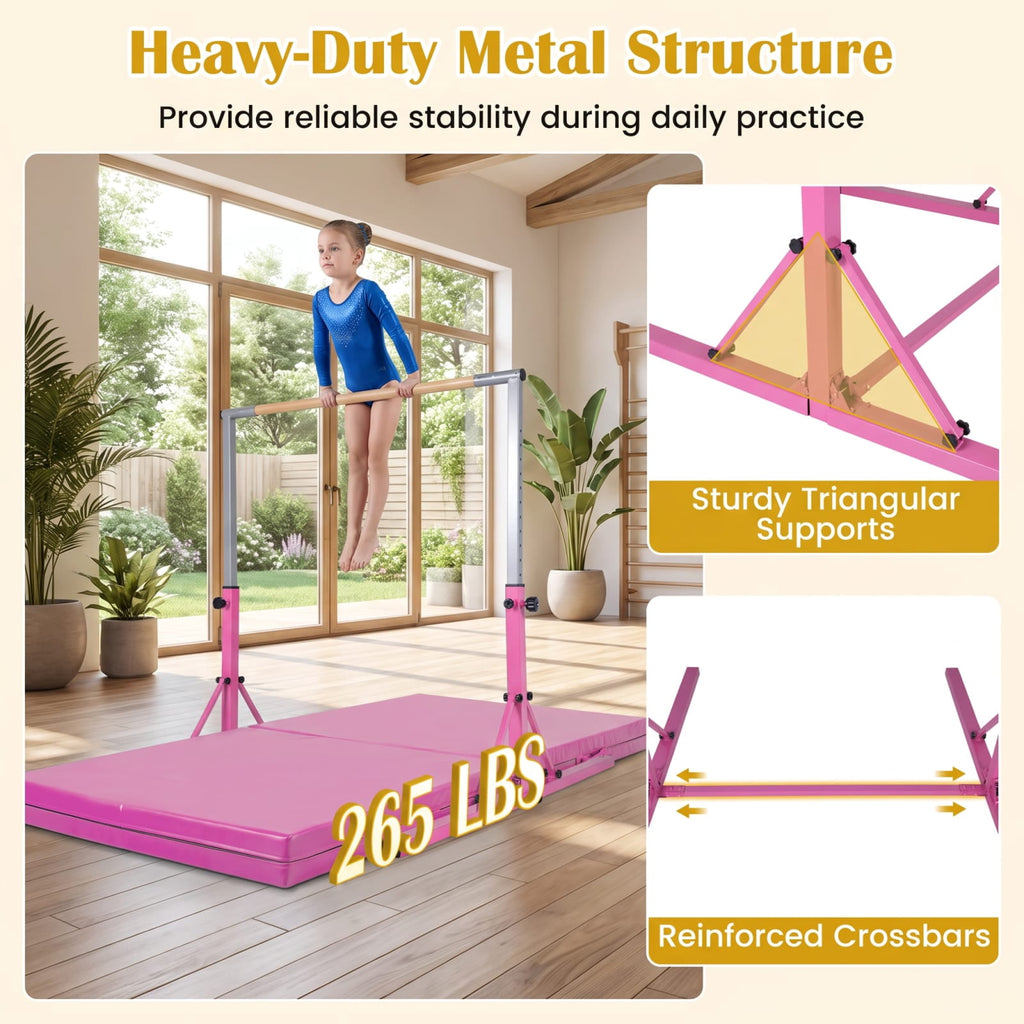 Airfind Foldable Gymnastics Bar for Kids with 3 Level Adjustable Height and Bamboo Grip Bar for Home Balance and Coordination Training, Pink
