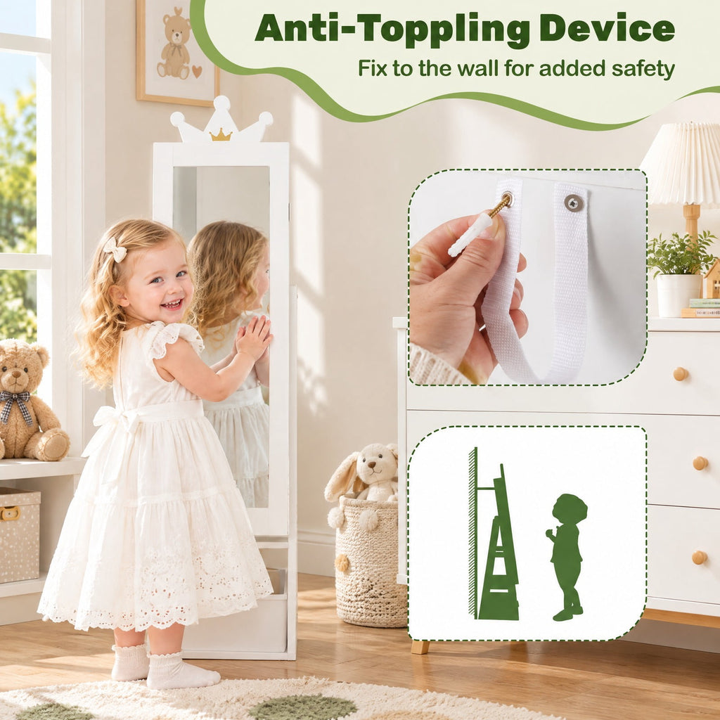 Airfind Free-Standing Full Length Kids Jewelry Armoire Cabinet with Storage Capacity, MDF Frame, 12.5 Inch x 12 Inch x 45.5 Inch Footprint, White