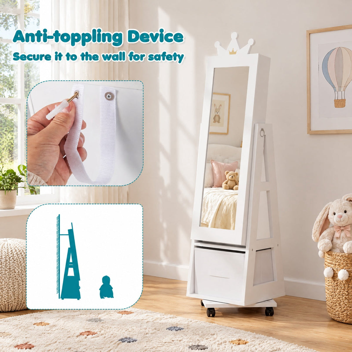 Airfind Kids Jewelry Armoire Cabinet with Swivel Base and Lockable Universal Wheels, 12.5 x 12 x 47Net Weight 19.5 lbsBox Qty1 Footprint