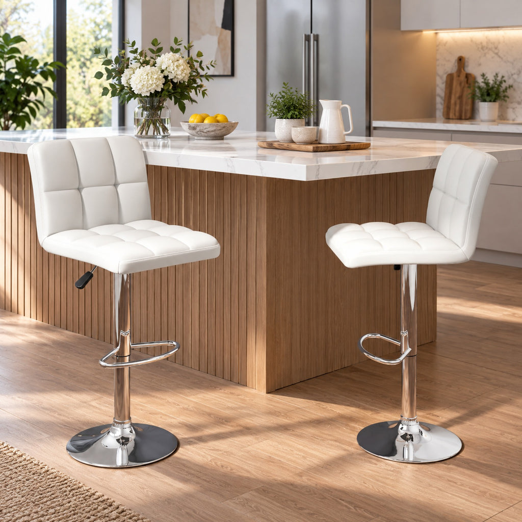 Airfind Set of 2 Square Swivel Adjustable PU Leather Bar Stools with Back and Footrest, 250 lbs Capacity, PU leather steel sponge Frame, White