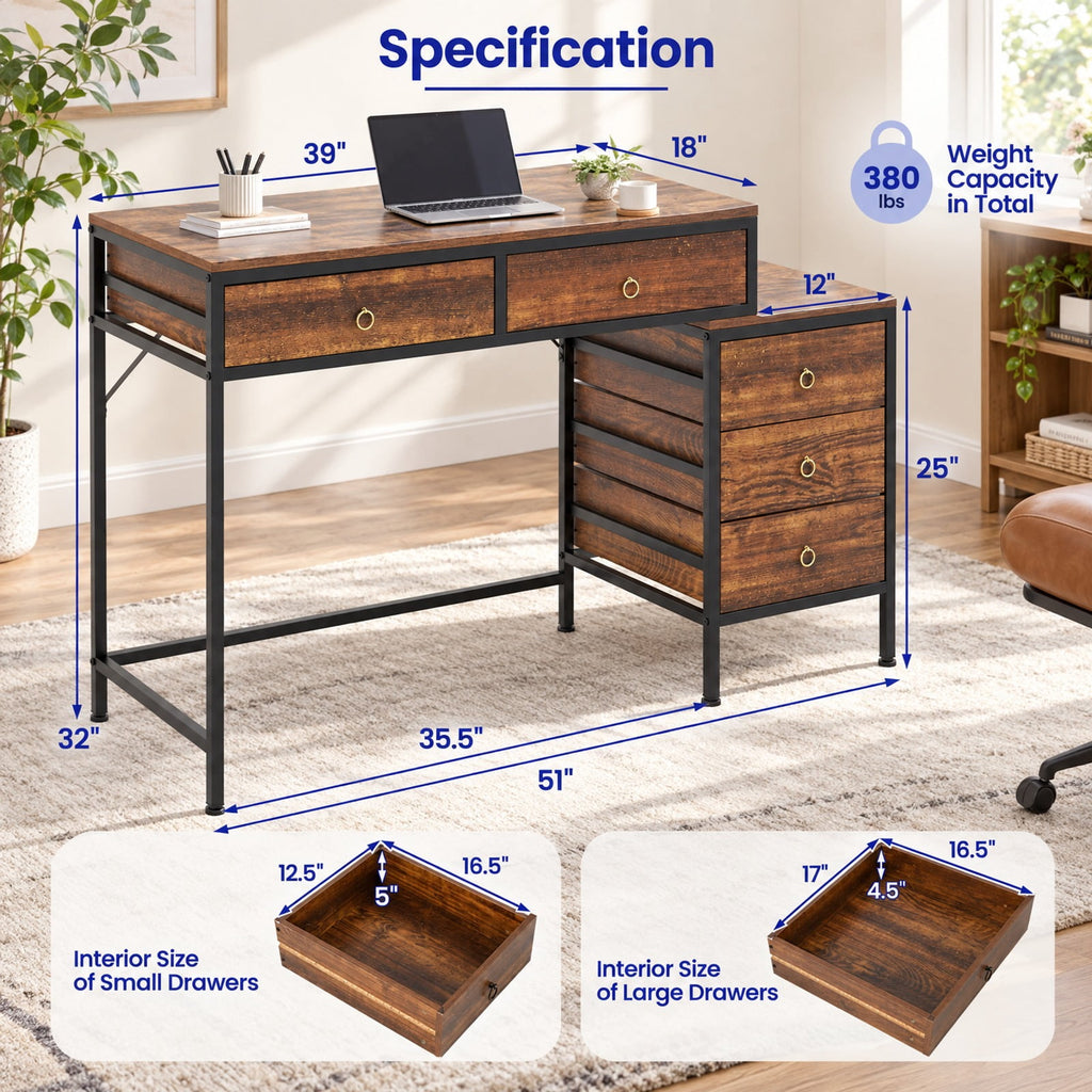 Airfind Computer Desk with 5 Drawers Home Office Desk with Side File Cabinet, 380 lbs Capacity, Engineered Wood Metal MDF Frame, Brown