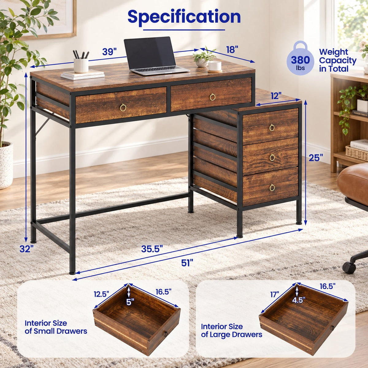 Airfind Computer Desk with 5 Drawers Home Office Desk with Side File Cabinet, 380 lbs Capacity, Engineered Wood Metal MDF Frame, Brown