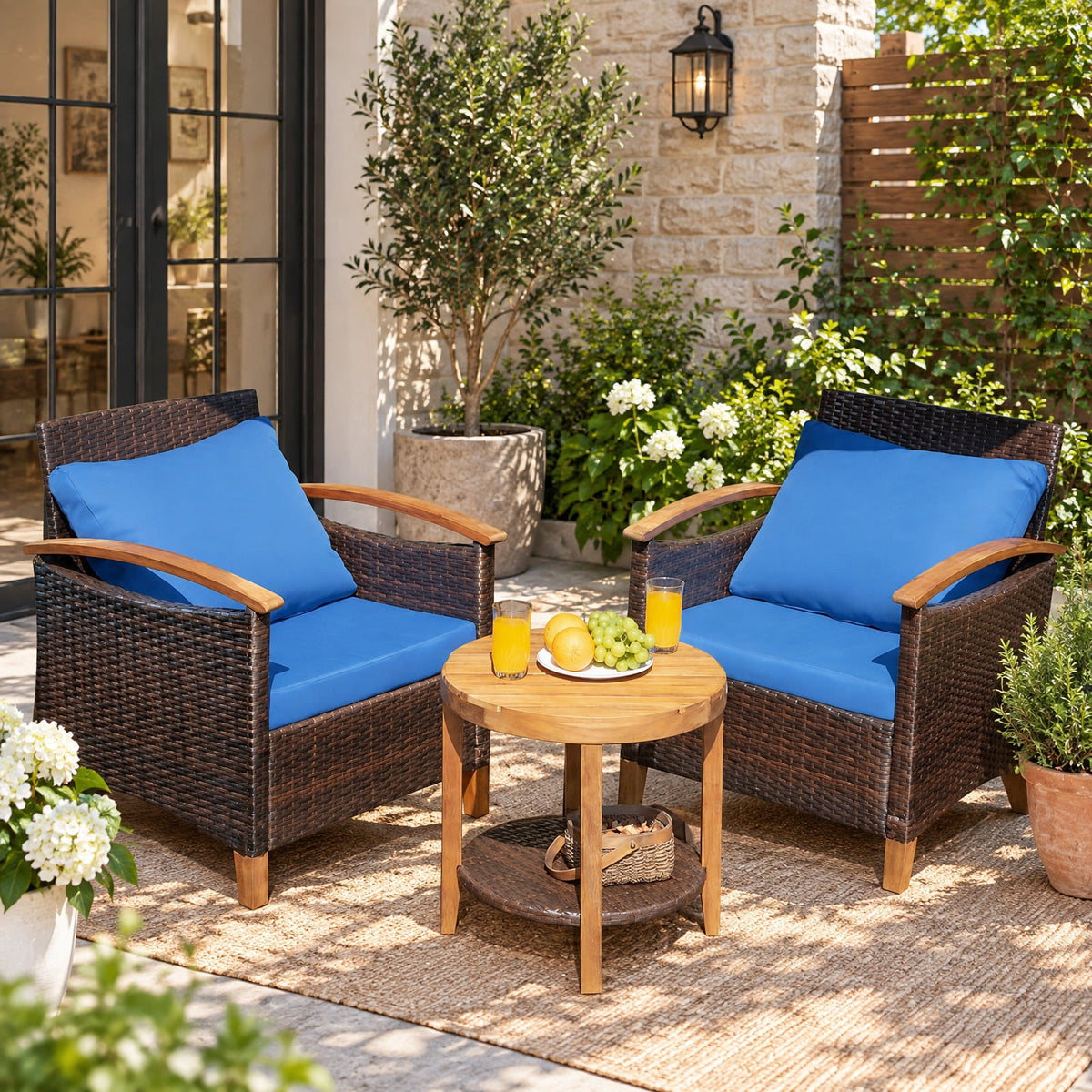 Airfind 3 Pieces Patio Rattan Furniture Set with Washable Cushion and Acacia Wood Tabletop, 360 lbs Capacity, 26 x 27.5 x 31 Footprint, Blue