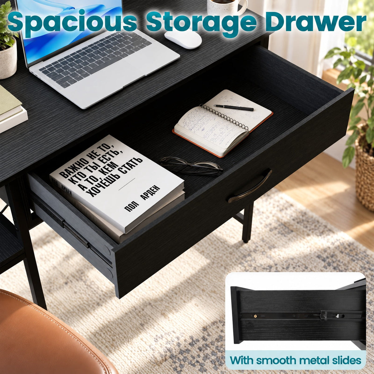 Airfind Computer Desk with Power Outlets 42inch Writing Desk with Hutch Drawer and 2 Open Shelves, 110 lbs Capacity, Engineered Wood Metal Frame