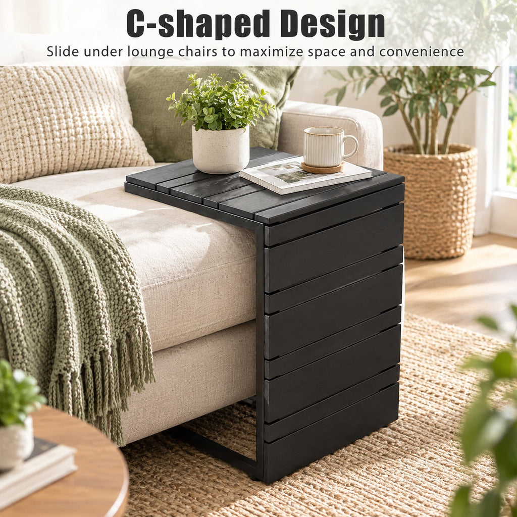 Airfind Space-Saving C-Shaped Side Table with Wood-Plastic Top for Indoor Outdoor, 55 lbs Capacity, Metal PP Frame, 15 x 14.5 x 21 Footprint