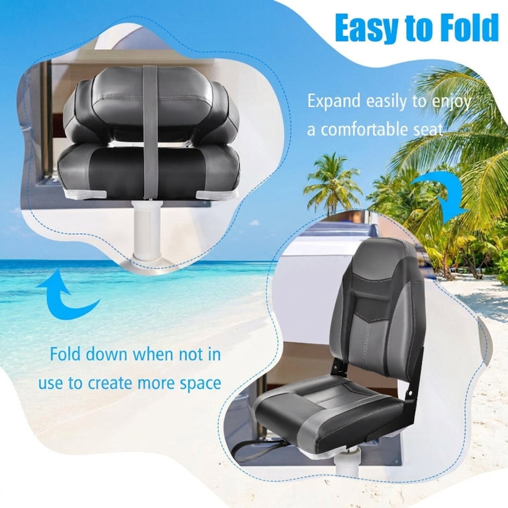 Airfind High-Back Folding Boat Seat with Thick Cushioned Padding and Waterproof Vinyl and Aluminum Hinges and Universal Mount Bracket for Fishing Pontoon and Runabout, Black