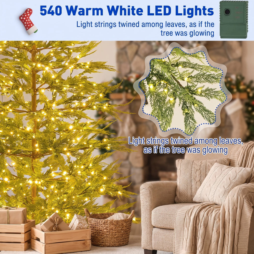 Airfind 6.5/7.5 Feet Artificial Cypress Christmas Tree Pre-lit Hinged-7.5 ft, PE Metal Tree Height 6.5 ft/7.5 ft Tree Width 4 ft Frame, Green