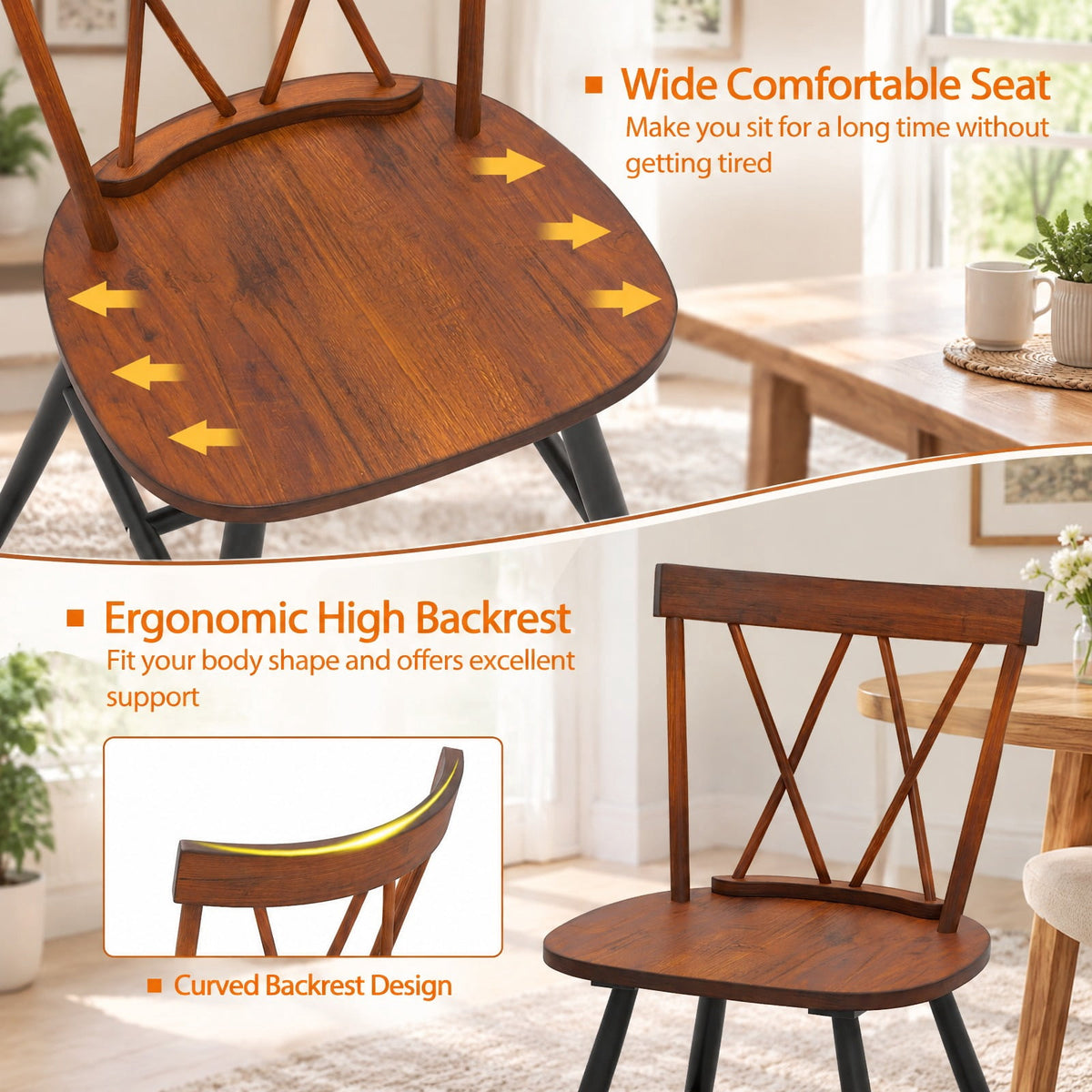 Airfind Set of 4 Dining Chairs with Rubber Wood Frame and Curved Cross Back, 275 lbs Capacity, Rubber Wood Frame, 20.5 x 19 x 32 Footprint