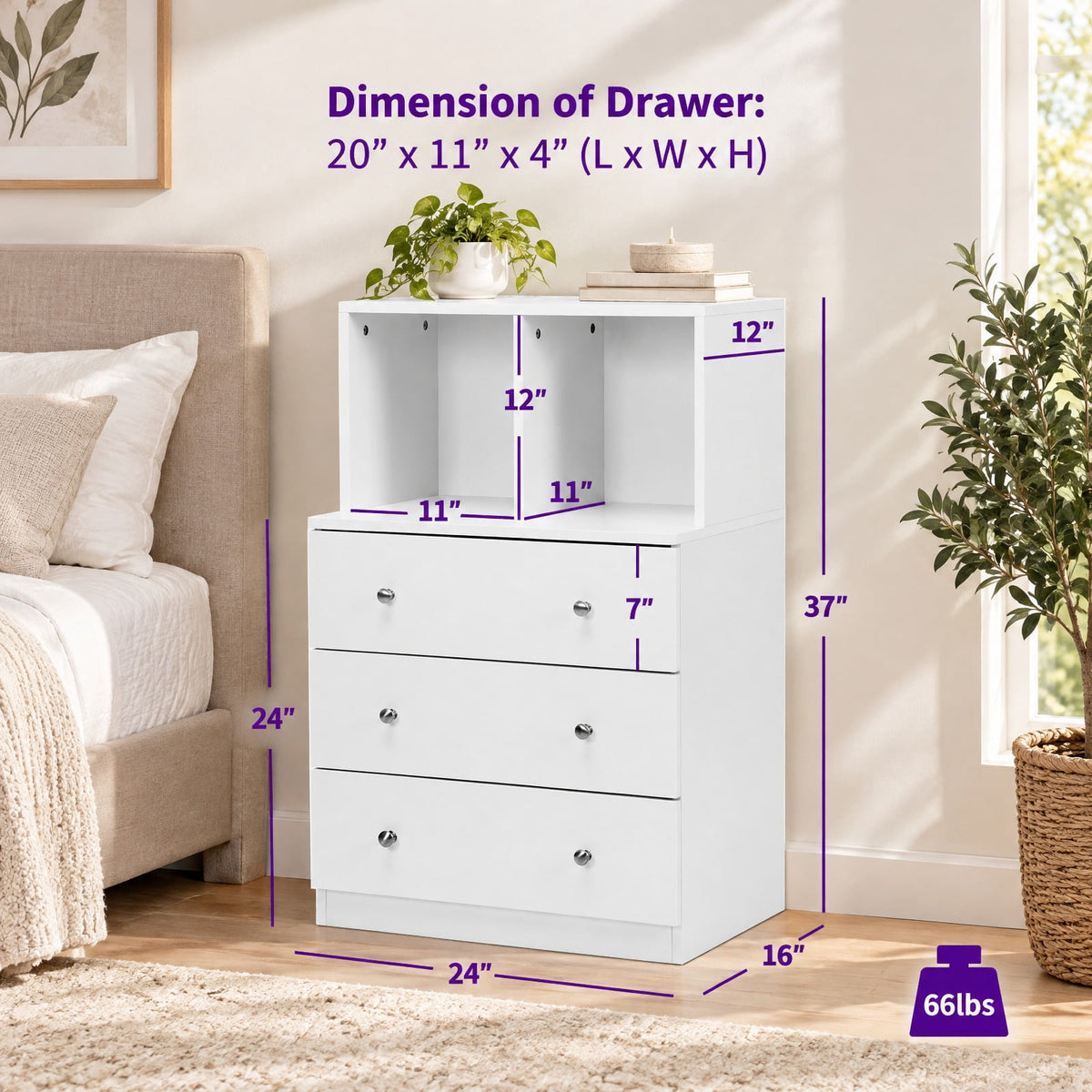 Airfind 3 Drawer Dresser with Cubbies Storage Chest for Bedroom Living Room, Engineered wood metal Frame, 24in x 16in x 37in Footprint, White