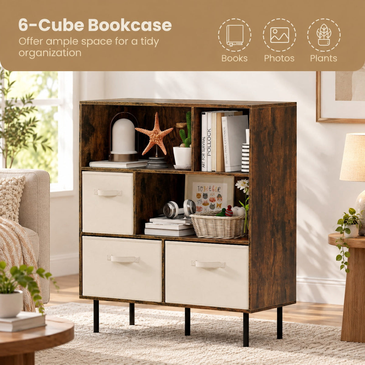 Airfind 6-Cube Bookshelf with 3 Removable Folding Fabric Drawers for Living Room, 330 lbs Capacity, Metal Engineered Wood Frame, Brown
