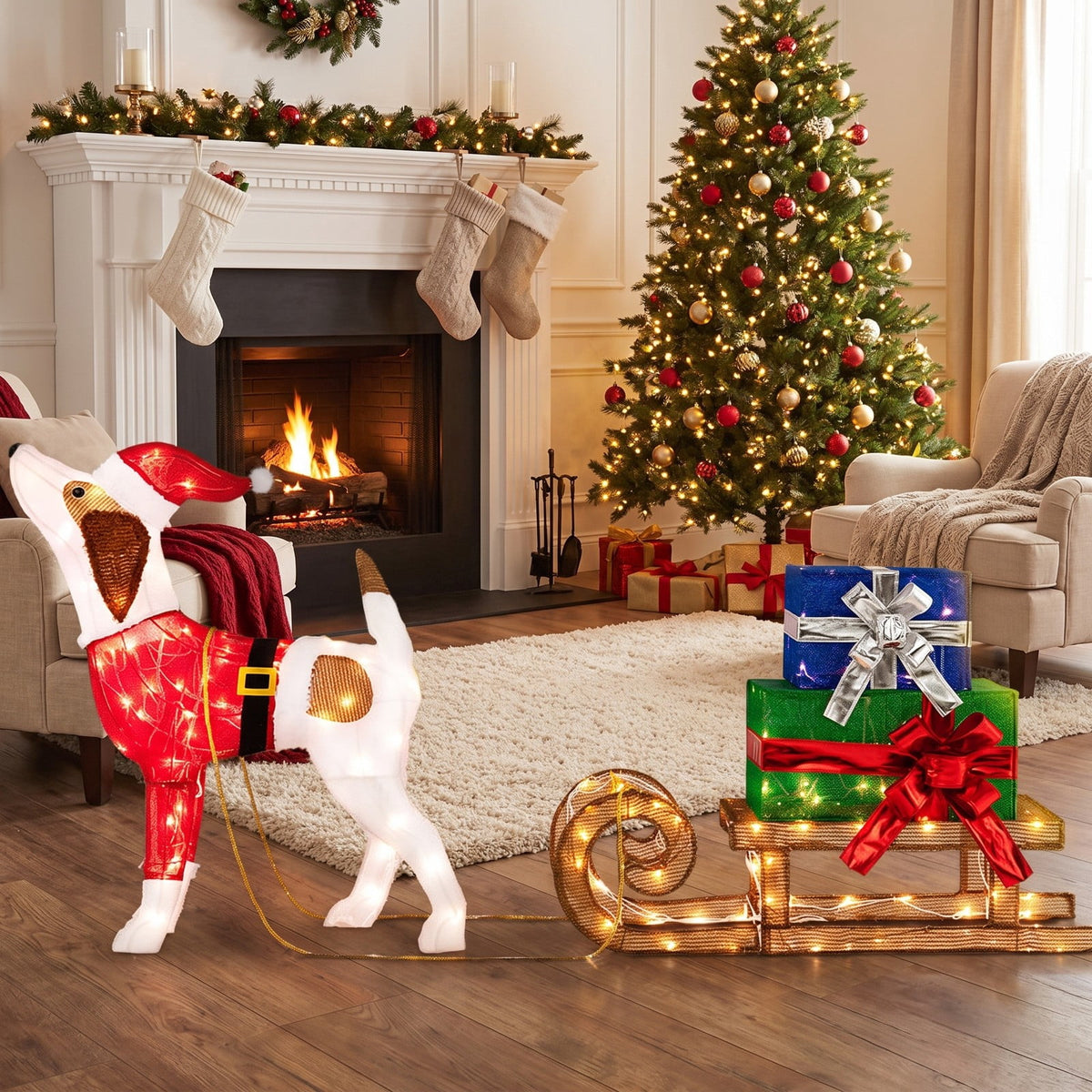 Airfind Outdoor Pre-lit Xmas Dog and Sleigh with 170 Warm Bright Lights for Porch, Fabric Metal
