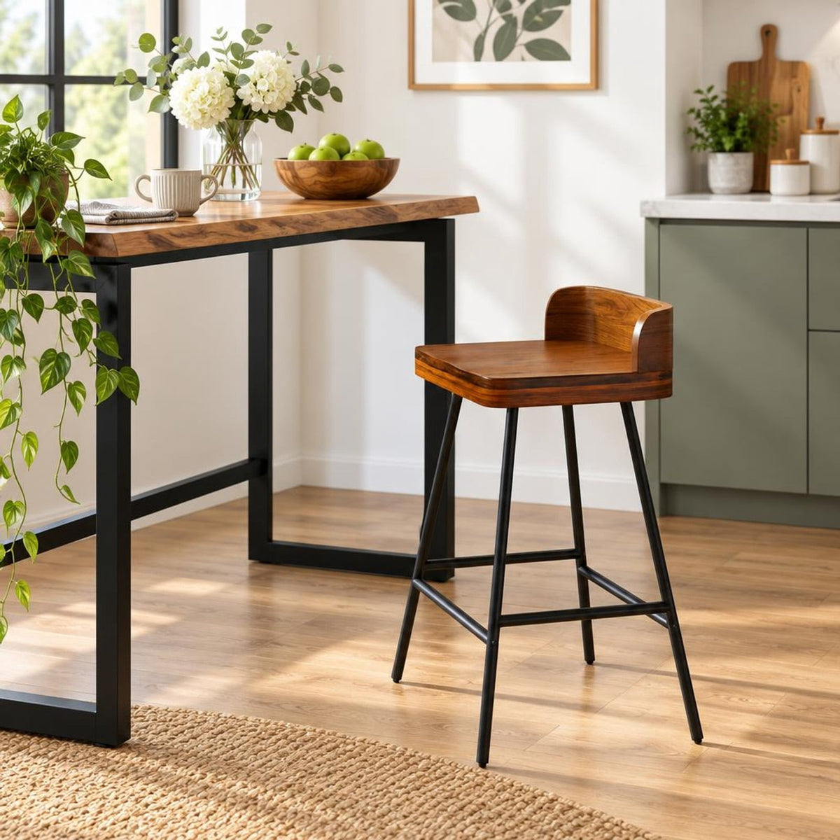 Airfind 24 Inch Industrial Rubber Wood Bar Stool with Low Back Metal Legs and Footrest, 330 Lbs Capacity, Rubber Wood Metal, Brown