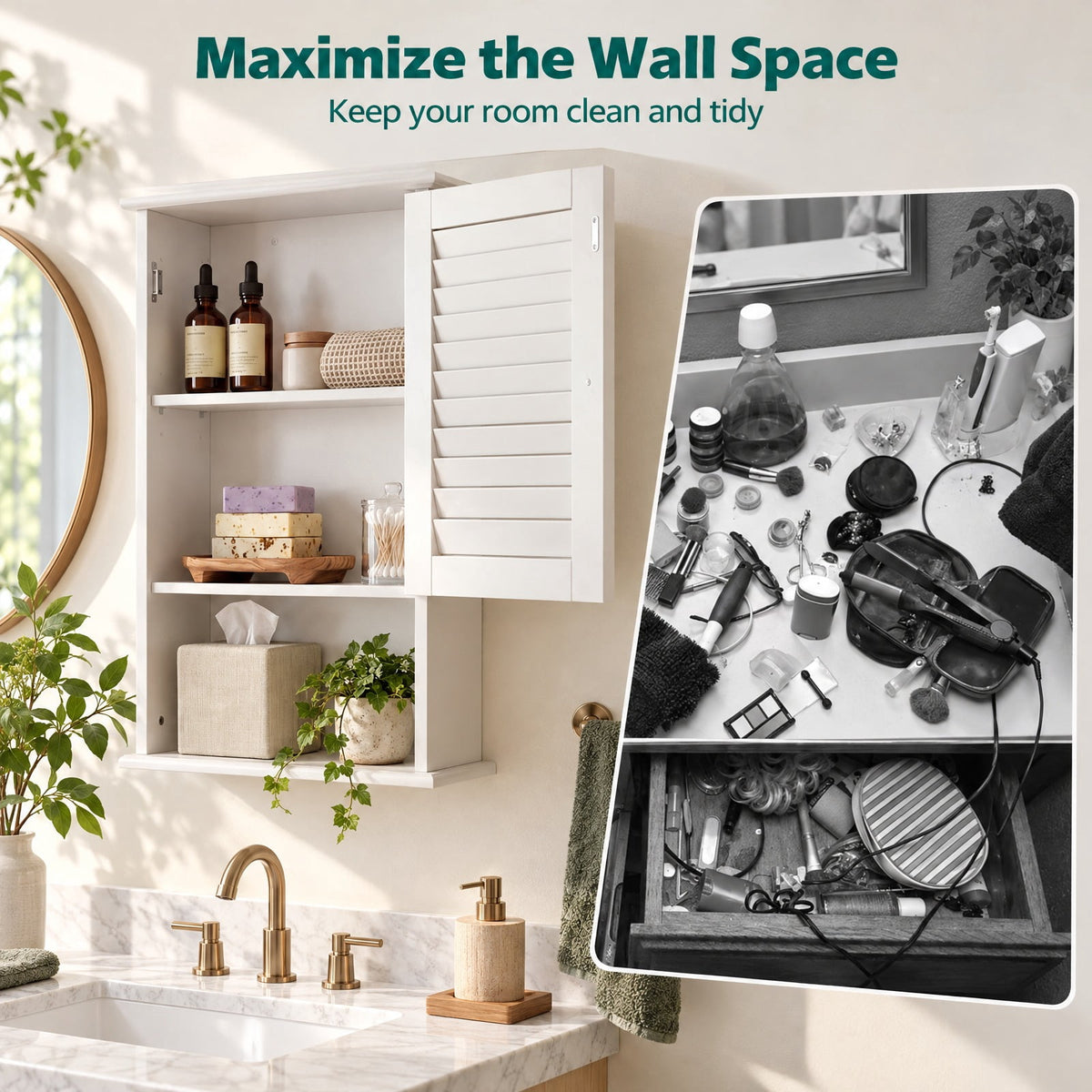 Airfind 27.5 Inch H Wall Hanging Bathroom Storage Cabinet, 46 lbs Capacity, Engineered Wood Frame, 16.5 Inch x 6.5 Inch x 27.5 Inch Footprint, White