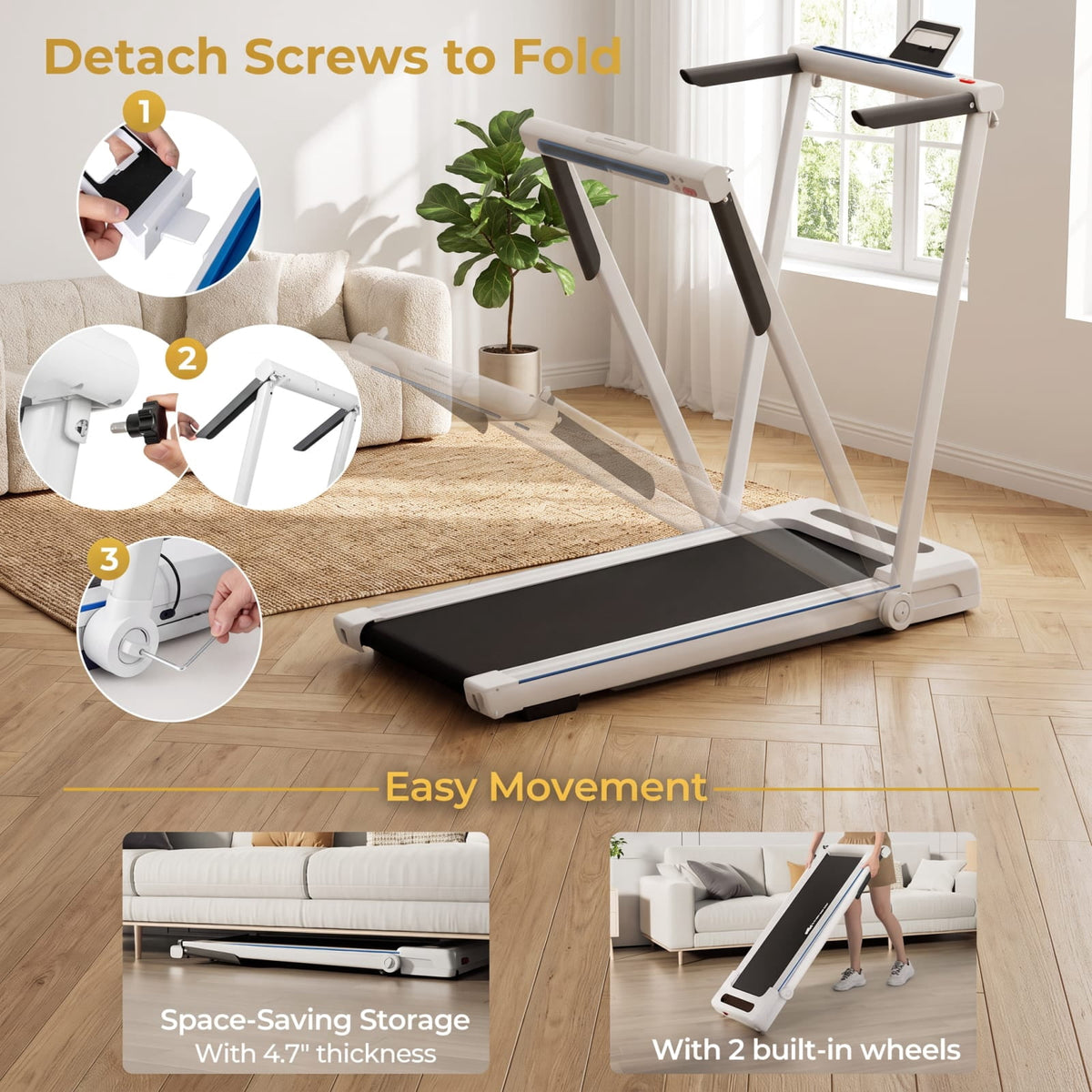 Airfind 3 in 1 Folding Treadmill with Removable Desk and LCD Display for Home Office Under Desk Walking and Jogging, White
