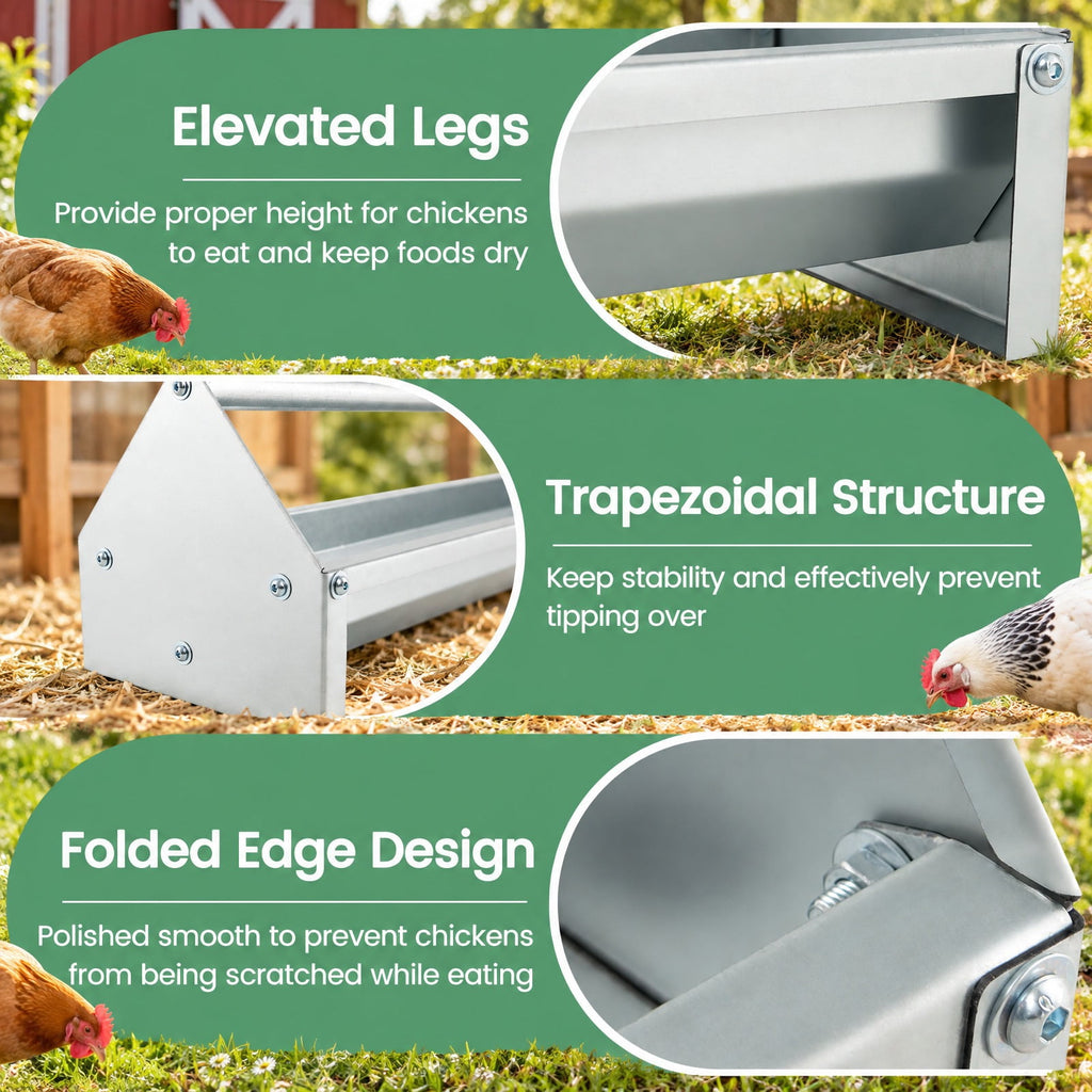 Airfind Metal Chicken Feeder Chicken Feeding Trough with Drainage Holes, Galvanized Steel Frame, 45 x 8 x 8 Footprint, Silver
