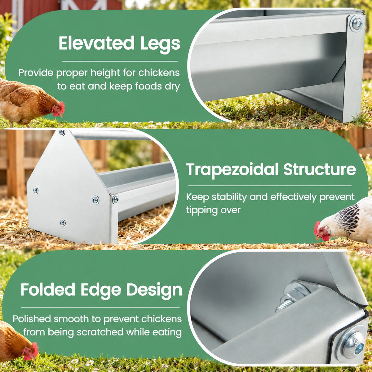 Airfind Metal Chicken Feeder Chicken Feeding Trough with Drainage Holes, Galvanized Steel Frame, 45 x 8 x 8 Footprint, Silver