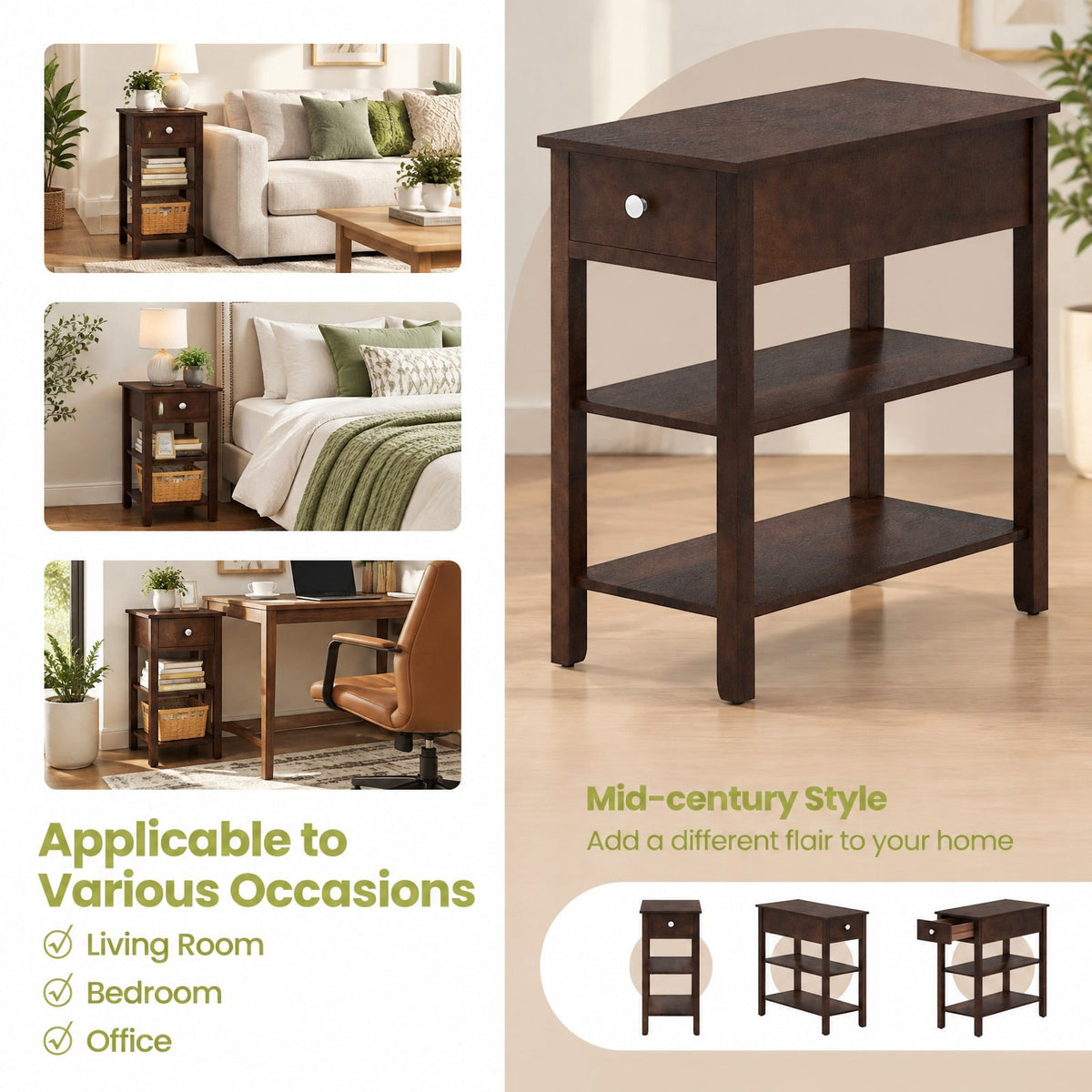 Airfind 3-Tier Narrow End Table with Drawer and Storage Shelves Set of 2, 210 lbs Capacity, MDF Rubber Wood Frame, Walnut