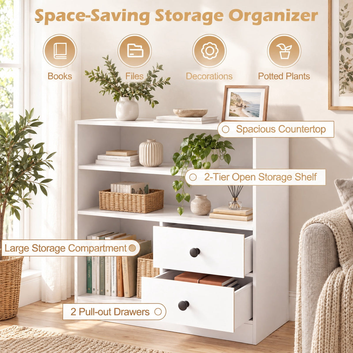 Airfind Open Storage Cabinet with 3 Open Compartments and 2 Drawer, 44 lbs Capacity, Engineered Wood Fabric Frame, 27.5 x 12 x 27.5 Footprint