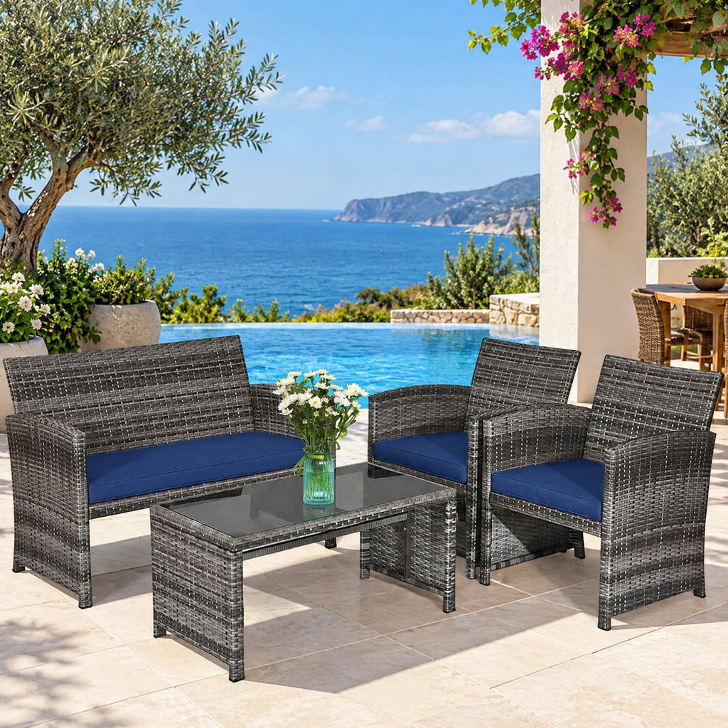 Airfind 4 Pieces Patio Rattan Furniture Set with Glass Table and Loveseat, PE Rattan Polyester Fiber Steel Sponge Single Sofa Frame, Navy