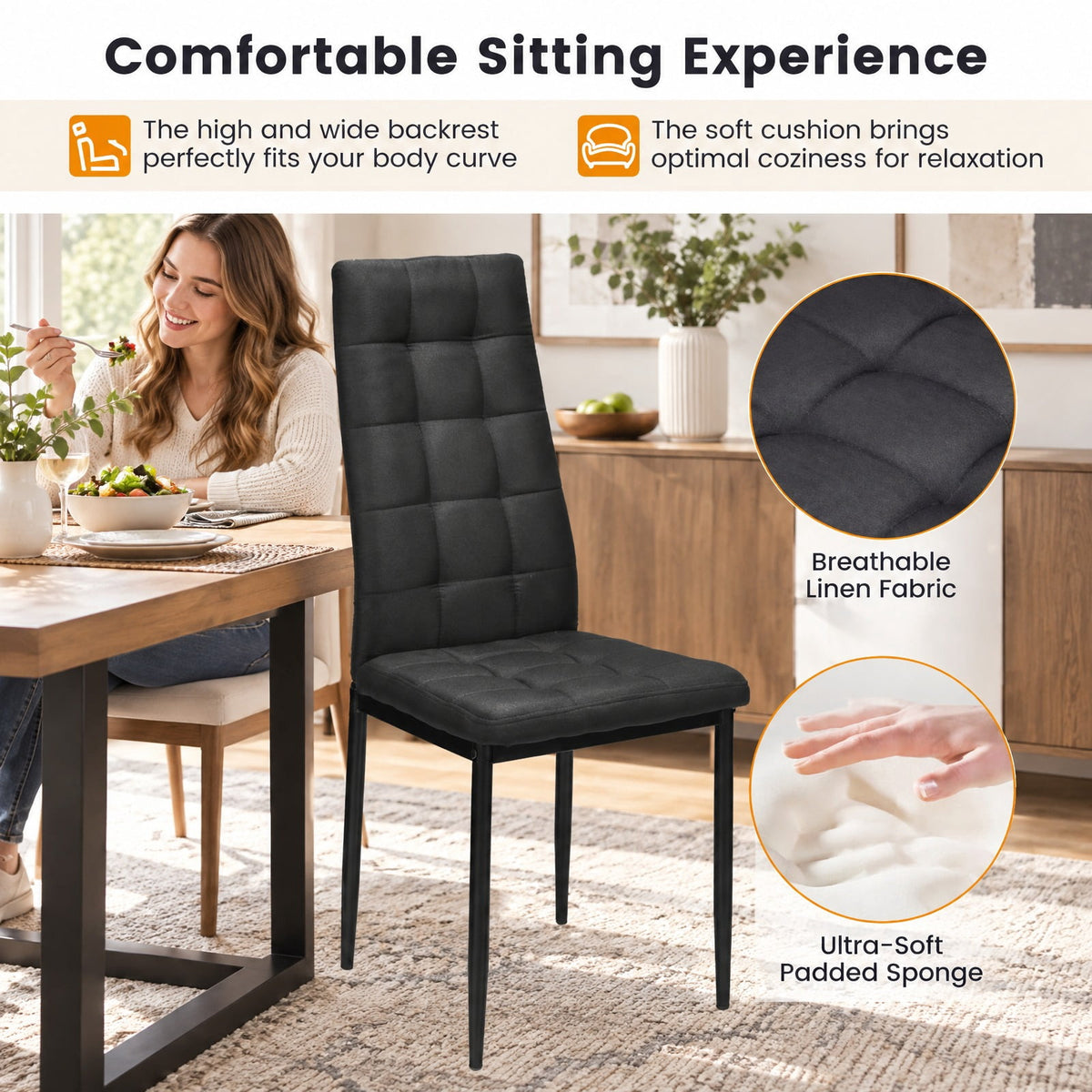 Airfind Set of 4 Fabric Dining Chairs Set with Upholstered Cushion and High Back, 330 lbs Capacity, Metal sponge fabric Frame, Black