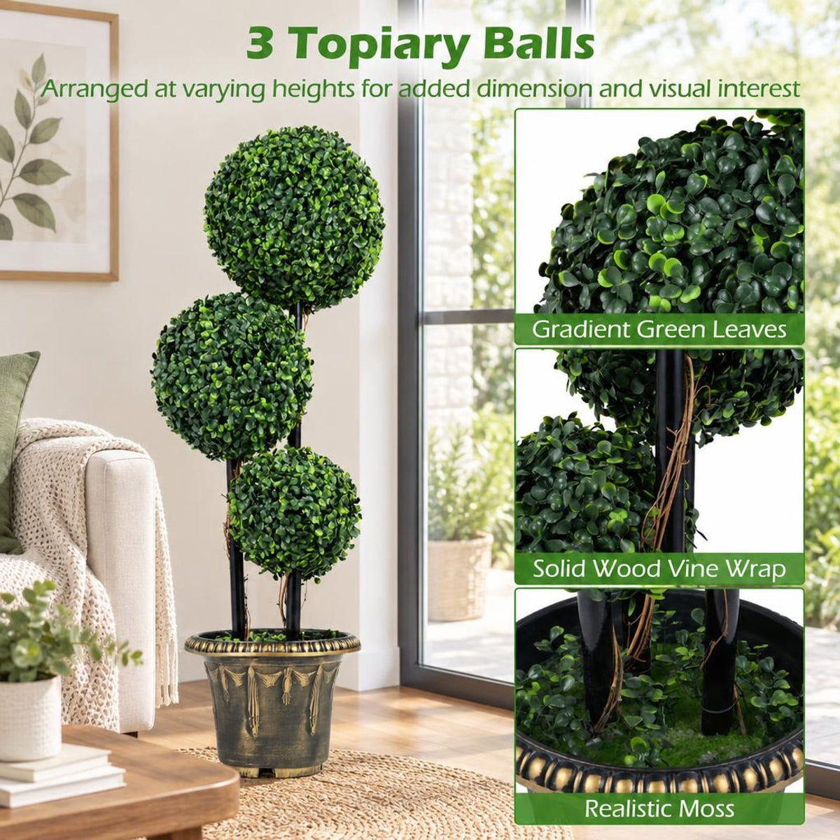 Airfind 35 Inches Artificial Boxwood Topiary Tree Triple Ball Shrubs, PE Metal Solid Wood Cement PP Tree Height 29 Inch /35 Inch Pot Frame