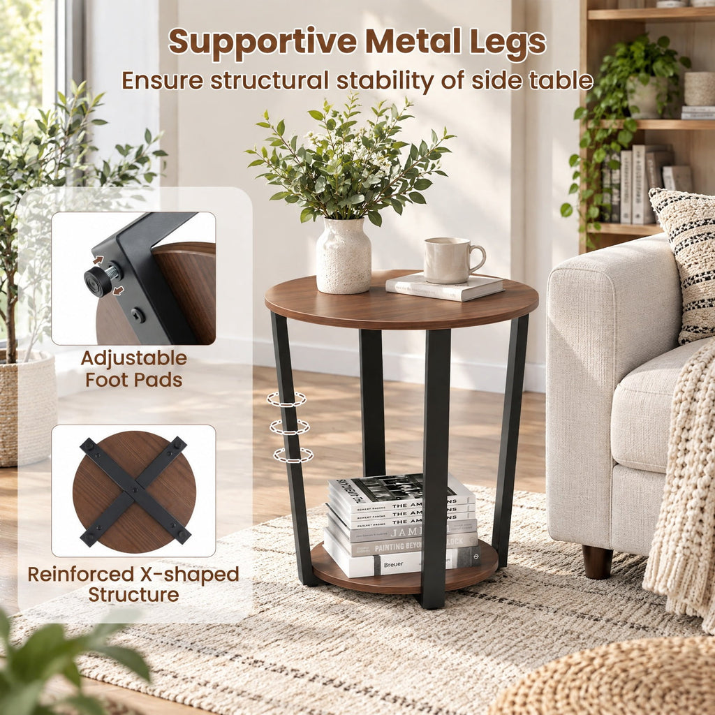 Airfind End Table, Round, with Open Shelf and Metal Frame, 66 lbs Capacity, Engineered Wood Metal Frame, 19.5 Inch x 19.5 Inch x 22.5 Inch Footprint, Walnut