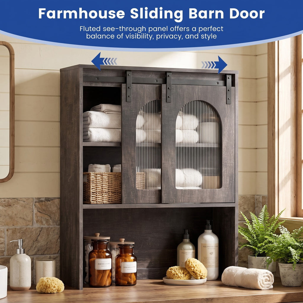 Airfind Over Toilet Storage Cabinet with Sliding Barn Door and Open Shelves for Bathroom, 44 lbs Capacity, Engineered Wood Frame, Black Oak