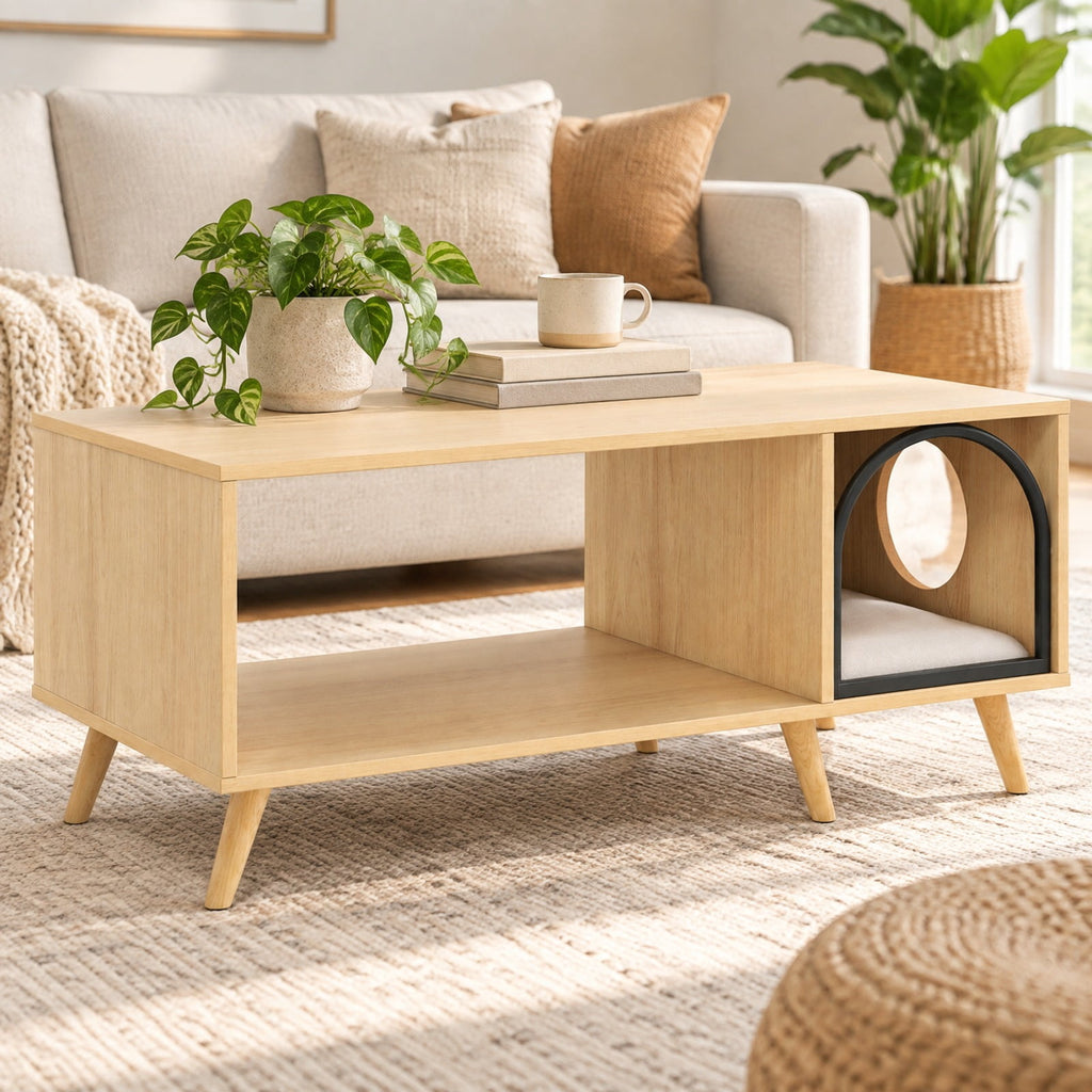 Airfind 40 Inch Coffee Table Cat House 2-in-1 Wooden Kitten Furniture with Open Storage Shelf, 88 lbs Capacity, 40 x 20 x 18 Footprint, Natural