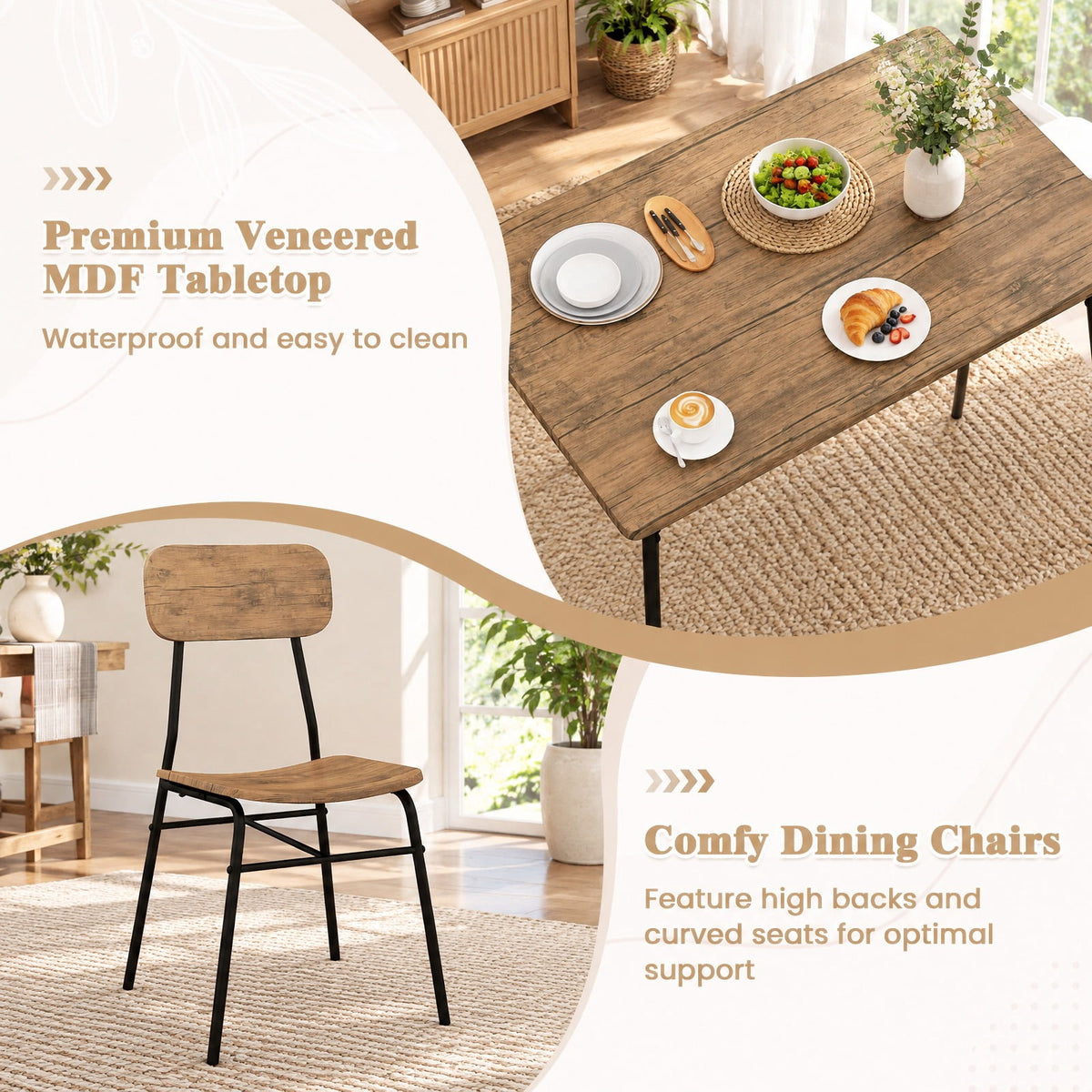 Airfind 4 Piece Dining Table Set for 4 Metal Frame with Bench and 2 Chairs, 200 lbs Capacity, MDF Metal Frame, Brown