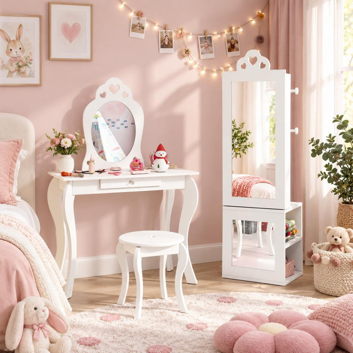 Airfind 3-in-1 Freestanding Kids Jewelry Cabinet Armoire with Full Length Mirror, MDF Frame, 13.5 x 12 x 46 Footprint, White