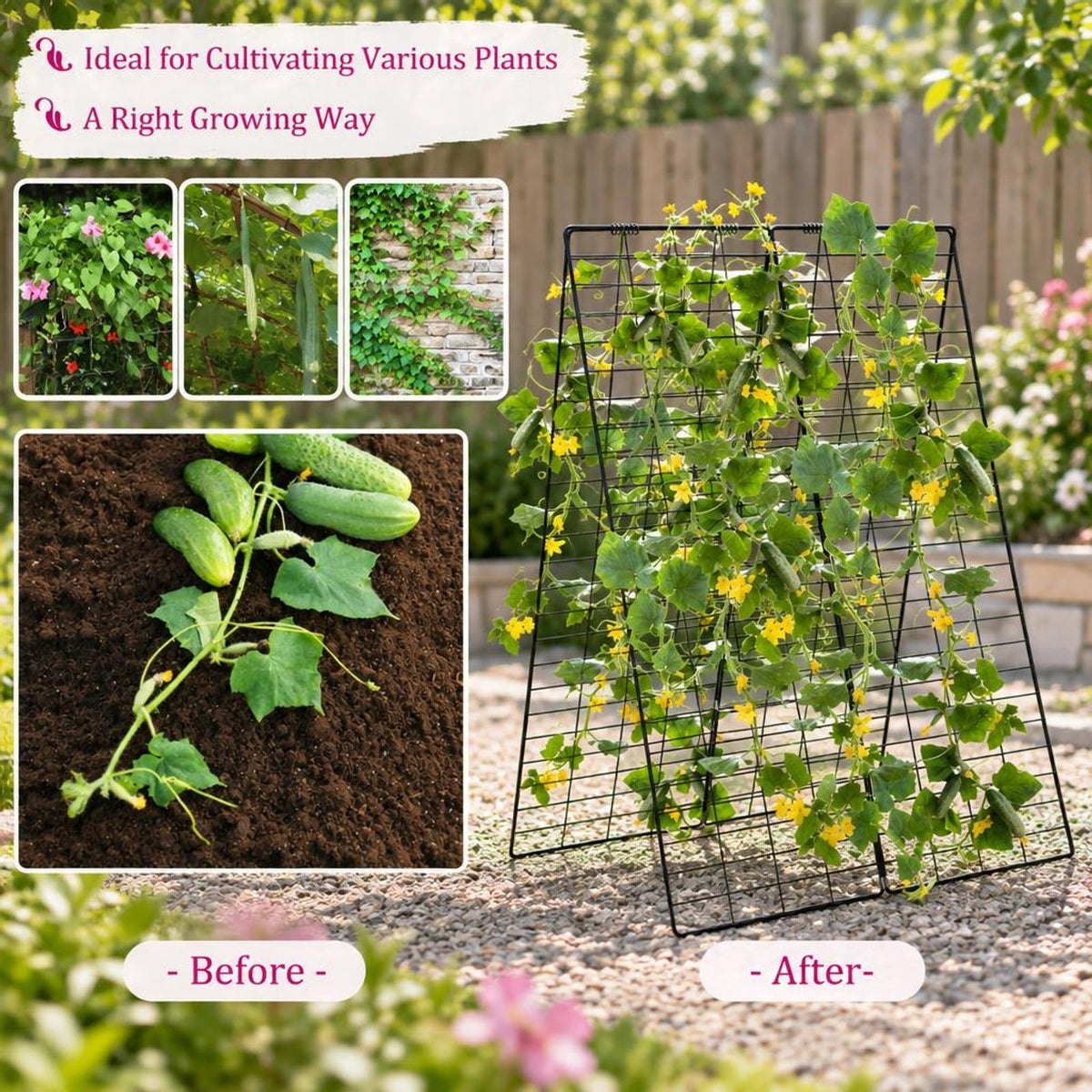 Airfind A-Frame Garden Trellis for Climbing Plant with Ground Stake and Cable Tie, Steel PP Frame, Green