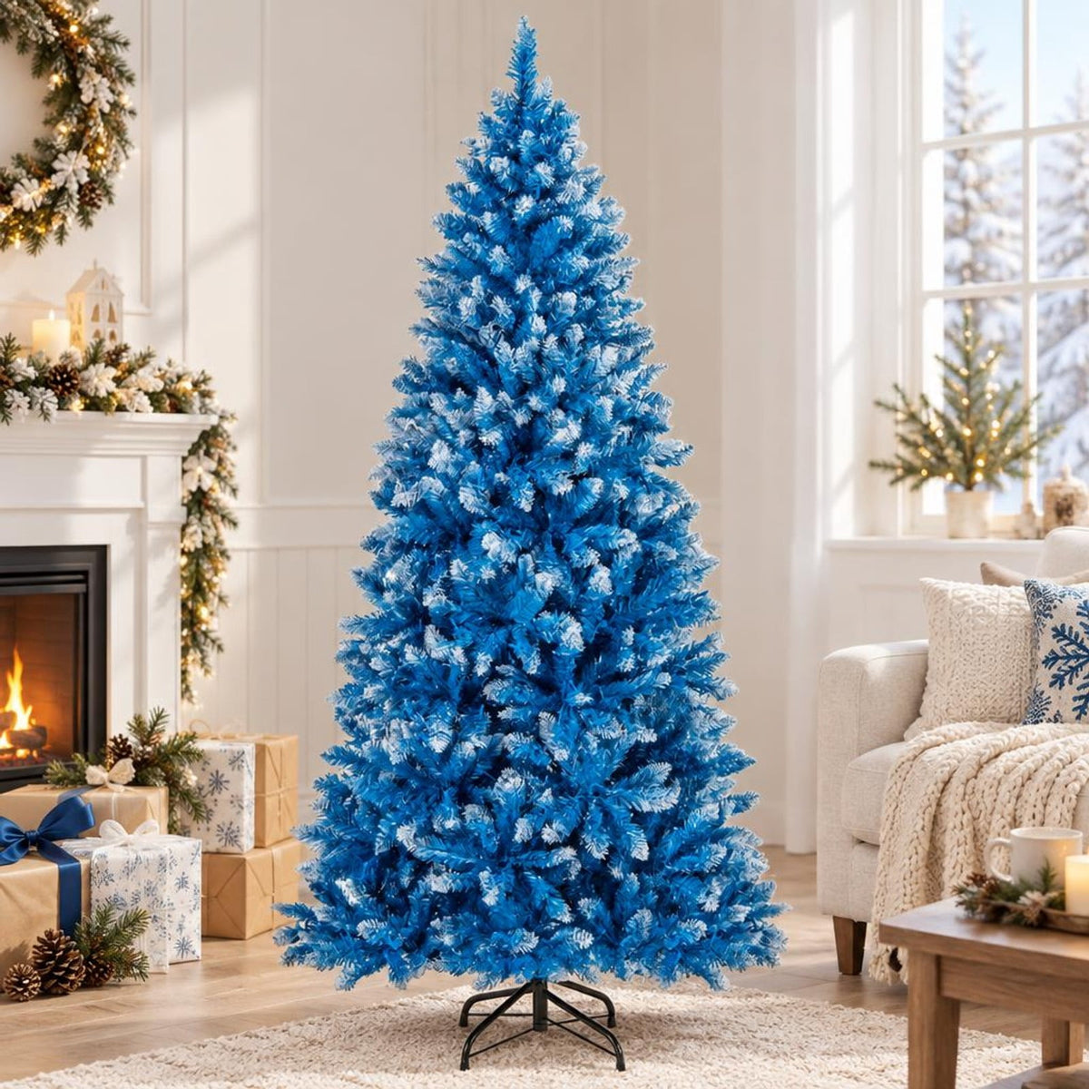 Airfind 6/7/8/9 FT Artificial Christmas Tree with 767 Snowy Branch Tips-6 FT, PVC Metal Frame, 3.1 x 6 ft Footprint, Blue